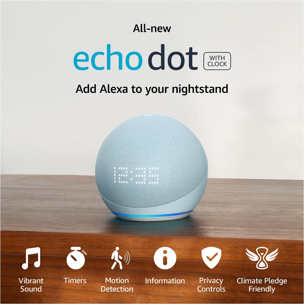 Like-New Echo Dot (5th Gen, 2022) Smart Speaker with Alexa & LED Clock Display - Cloud Blue | Voice Control Music, Weather, Alarms & Smart Home Devices | Perfect for Bedroom, Office & Kitchen