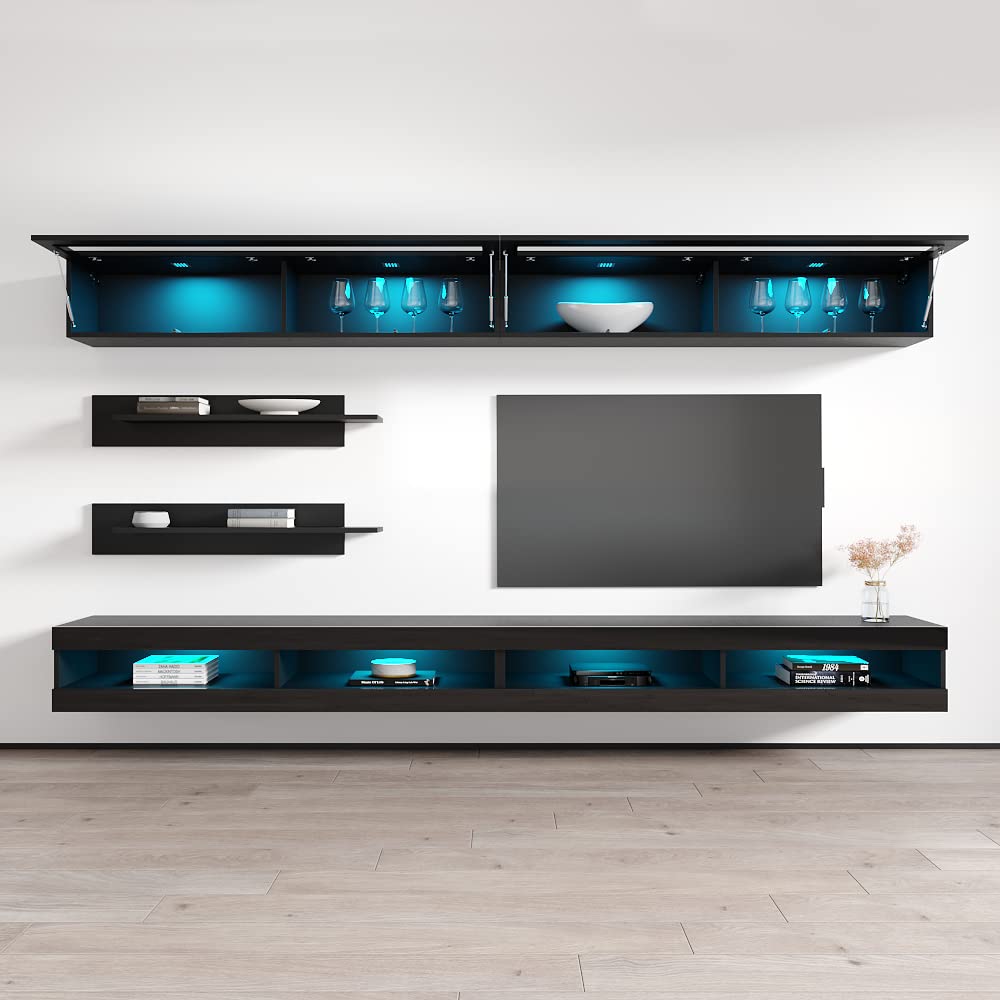 Modern Wall-Mounted TV Stand with Storage Shelves & LED Lights - Floating Entertainment Center Console for Bedroom & Living Room - Black I2 34TV Stand by Meble Furniture (Perfect for Small Spaces & Home Theater Setup)