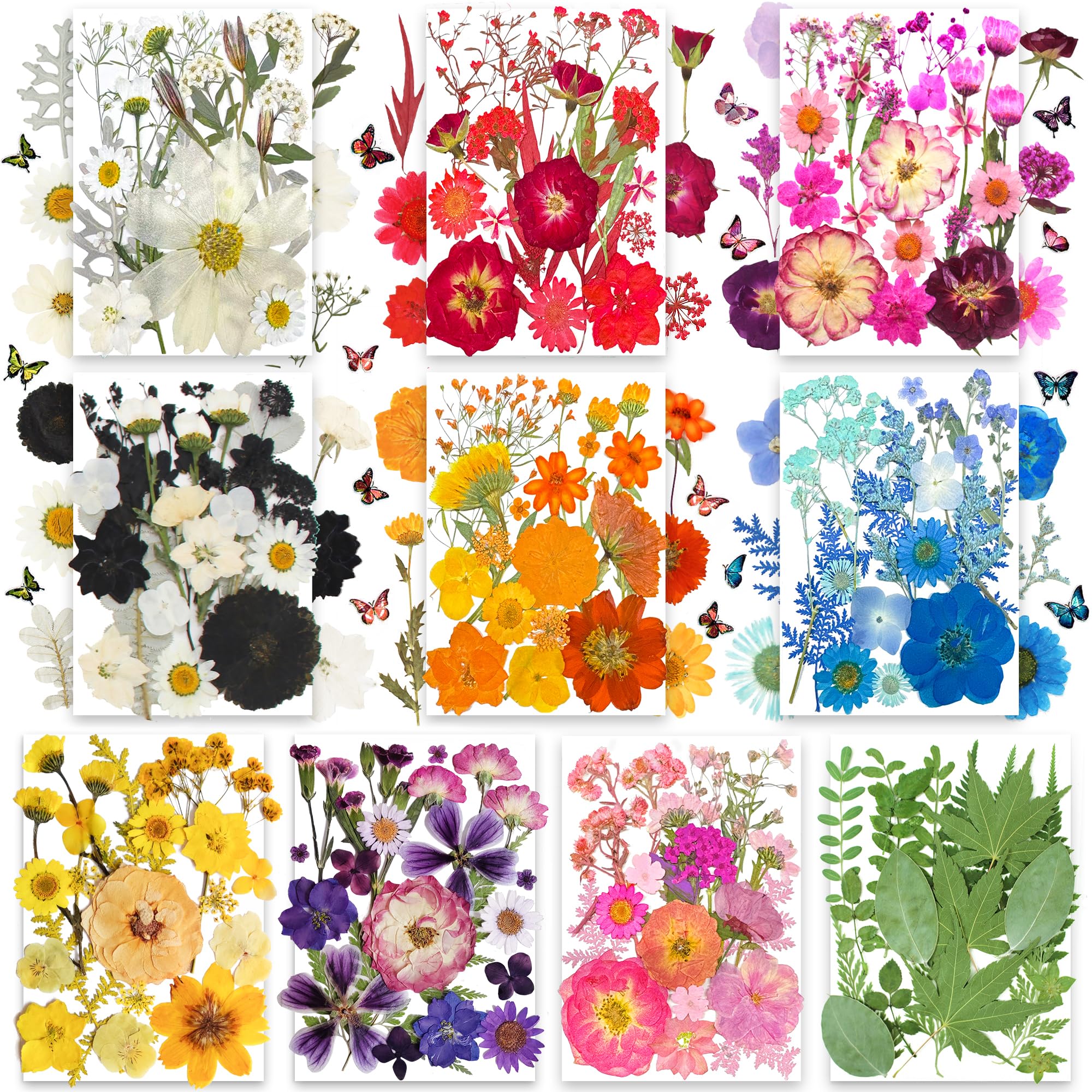 301Pcs Natural Dried Pressed Flowers & Leaves with Butterfly Stickers for DIY Crafts - Perfect for Resin Molds, Nail Art, Candle Making, Phone Cases, Jewelry Making & Home Decor