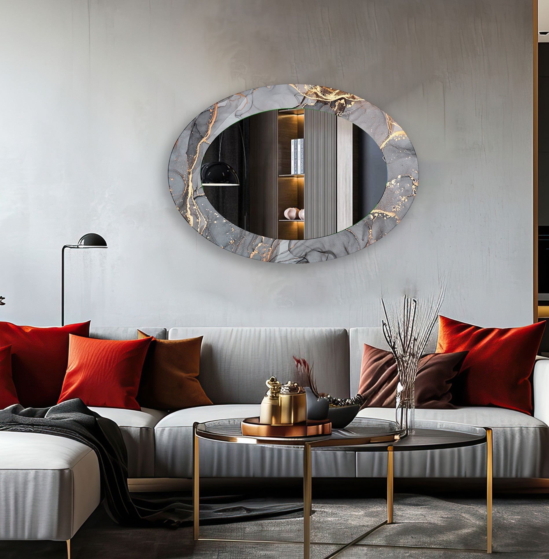 Modern Abstract Gray Oval Wall Mirror - Elegant Home Decor for Living Room, Bedroom & Entryway