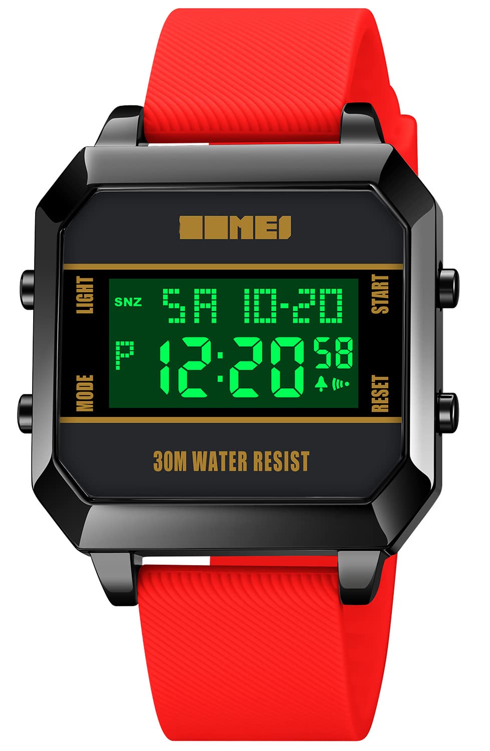 PASOY Men's Digital Sports Watch - Black Square Stainless Steel Case with Red Rubber Strap, LCD Backlight, Waterproof | Perfect for Running, Gym Workouts & Outdoor Activities