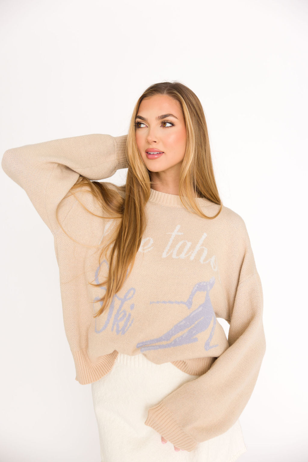 Lake Tahoe Ski Graphic Oversized Sweater in Beige | Cozy Winter Pullover for Skiing & Snowboarding | Perfect for Mountain Vacations & Après-Ski Relaxation