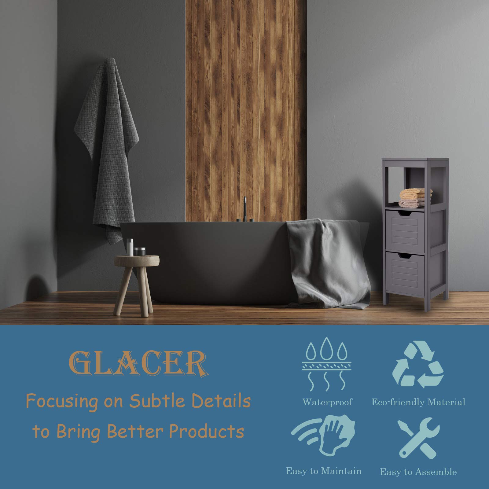 GLACER 12 x 12 x 35 Inches Bathroom Floor Cabinet with 2 Removable Drawers - Wooden Storage Cabinet for Bathroom, Living Room, Bedroom & Office Organization (Gray) - Perfect for Towels, Toiletries & Home Decor Storage