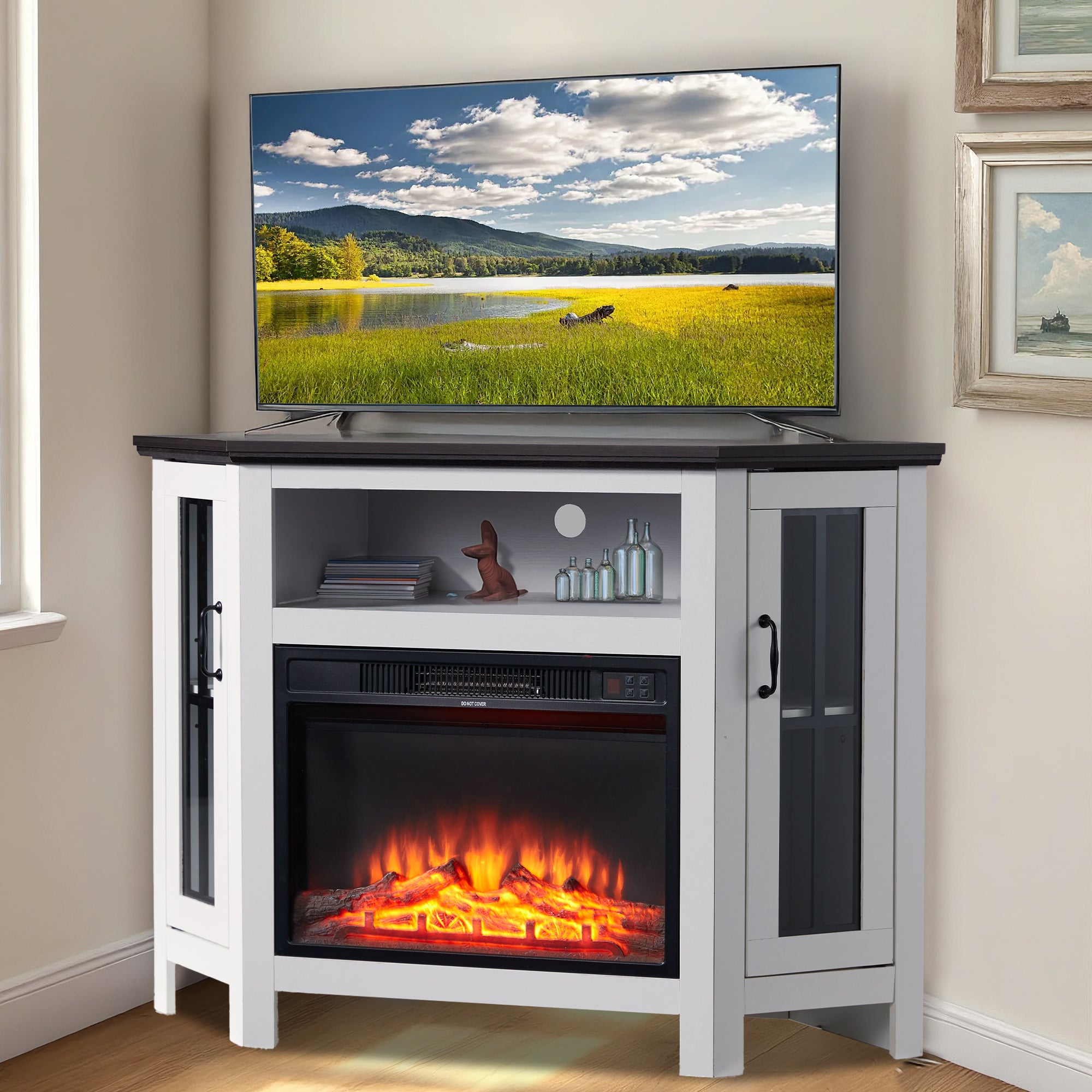 EROMMY 48-Inch Corner Fireplace TV Stand with 23-Inch Electric Fireplace Insert, Deep Walnut Finish - Perfect for Living Room, Bedroom & Home Theater Setup