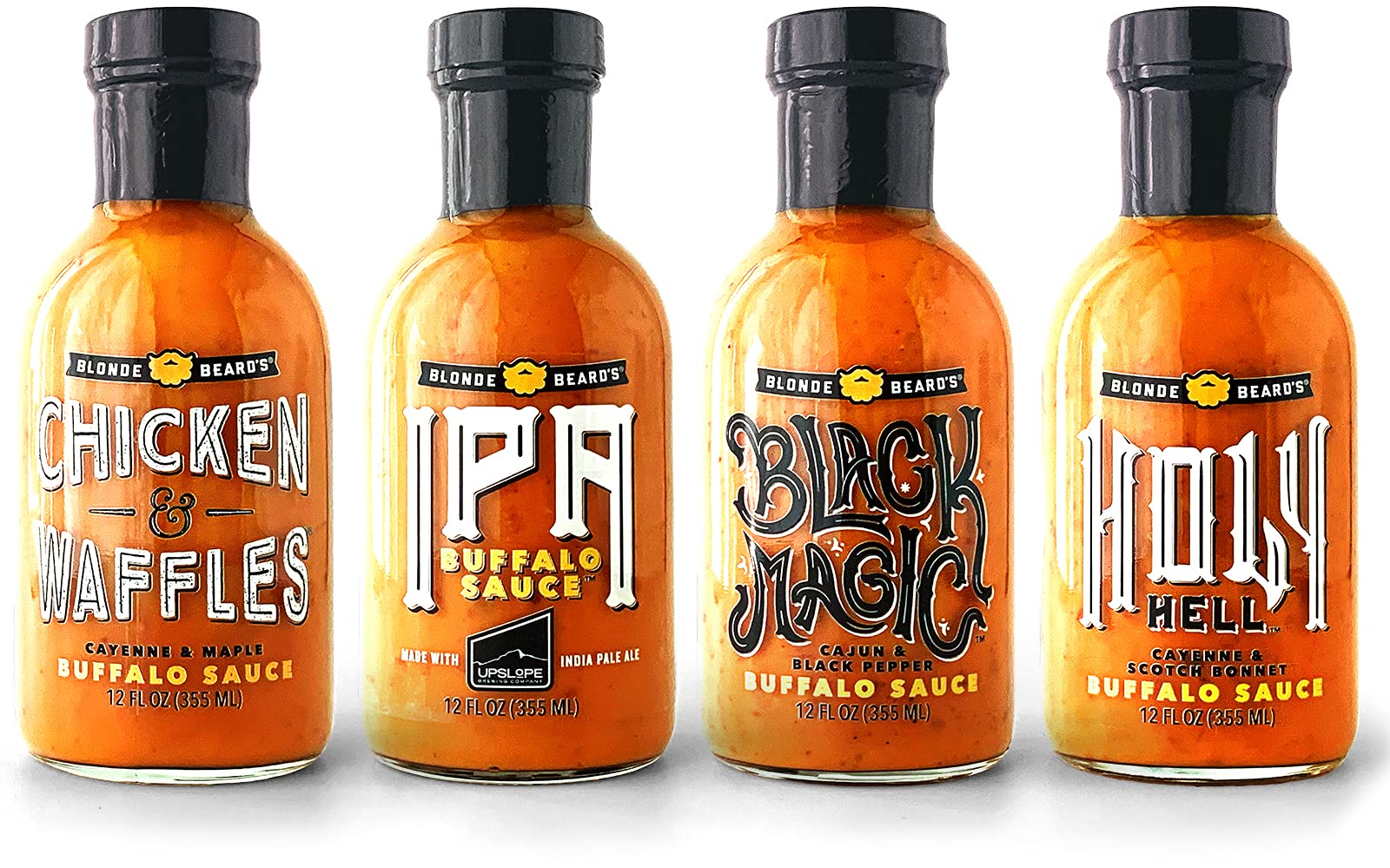 Blonde Beard's Buffalo Sauce Flight - 4 Pack Hot Sauce Sampler with Chicken & Waffles, IPA Buffalo, Black Magic & Holy Hell (Mild to Extra Hot) - Perfect for Wings, Burgers, Pizza & Dips (4 x 12 fl oz Bottles) - Spicy Gourmet Sauce Gift Set