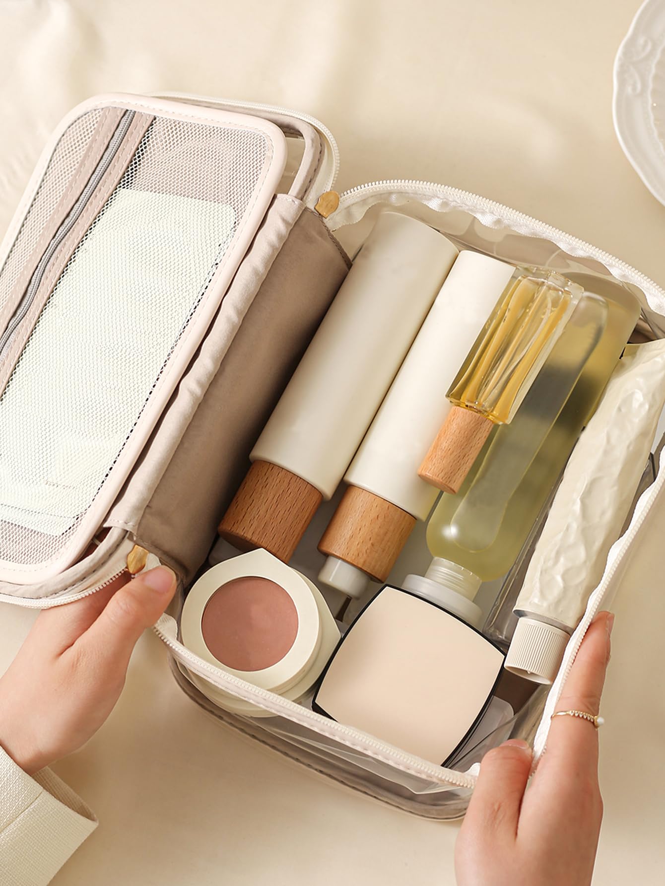 Large Clear Makeup Bag - Waterproof Transparent Cosmetic Organizer with Handle for Women | Travel Toiletry Case, Skincare Pouch, Daily Beauty Essentials | Perfect for Travel, Gym, and Home Storage (Off White)