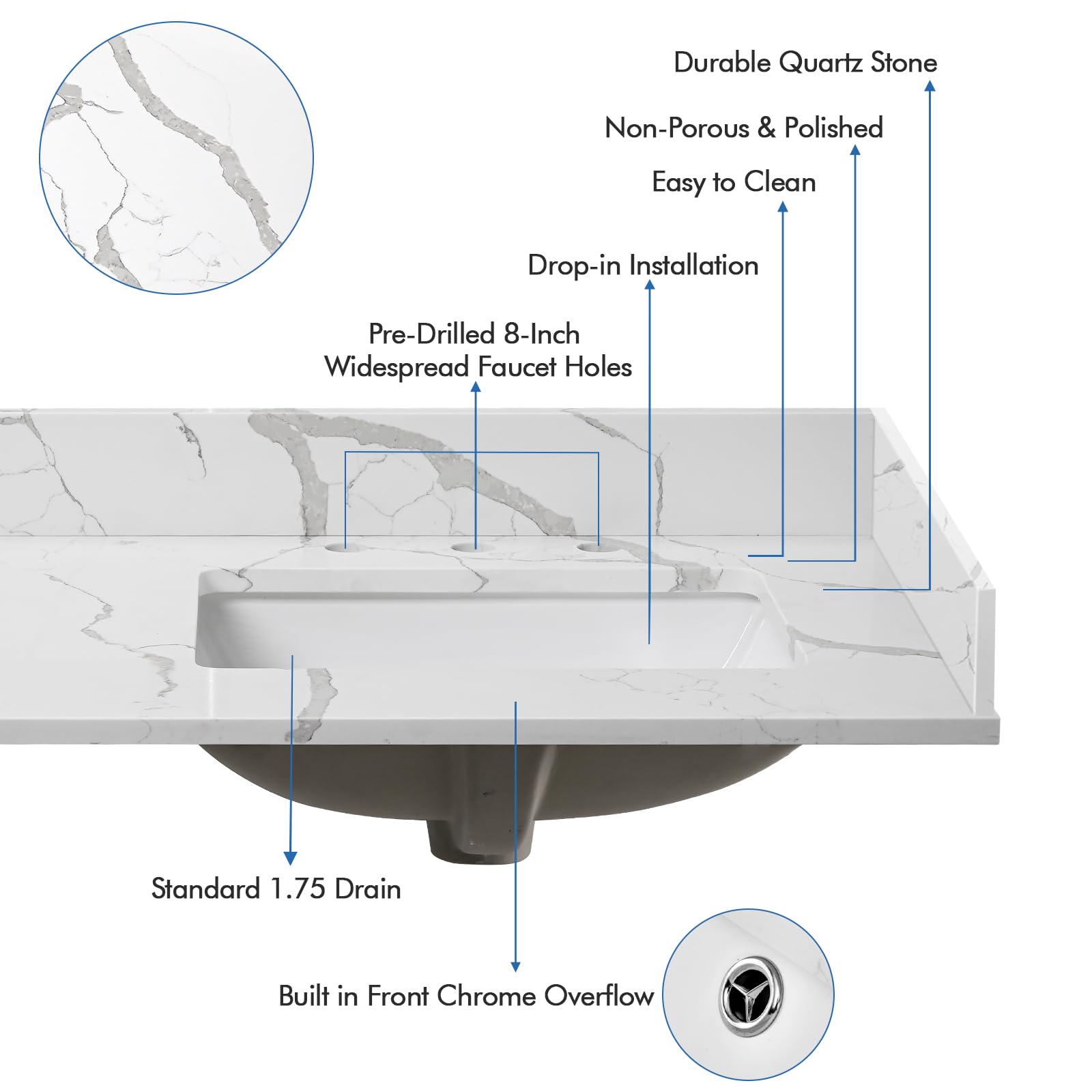Calacatta Quartz Vanity Top with Sink - 36x22 Inch for Bathroom