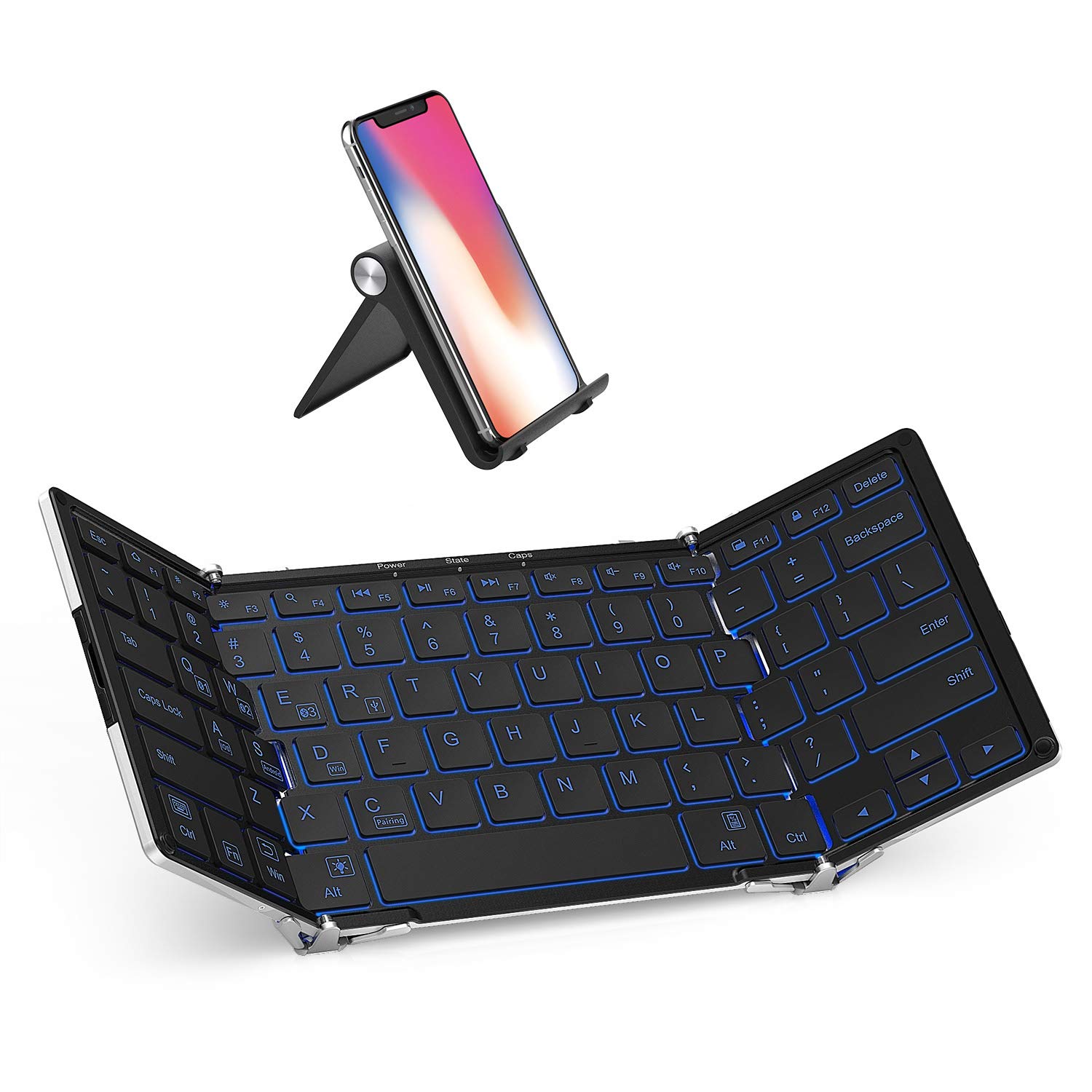iClever BK05 Bluetooth 5.1 Keyboard - 3-Color Backlit, Foldable, Multi-Device Compatible with iOS/Android/Windows - Aluminum Alloy Base for Tablets, Smartphones, Laptops & PC | Perfect for Travel, Office & Home Use