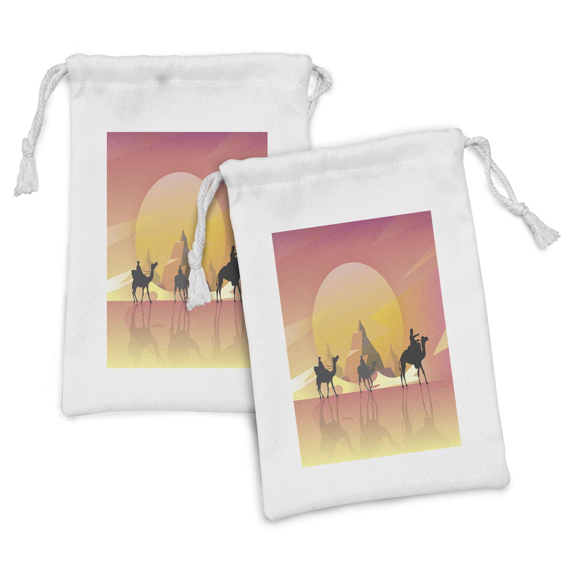 Ambesonne 2-Pack Pyramid Fabric Pouch Set - Camel Caravan Desert Sunset Design, Small Drawstring Bags for Toiletries, Masks & Party Favors (9