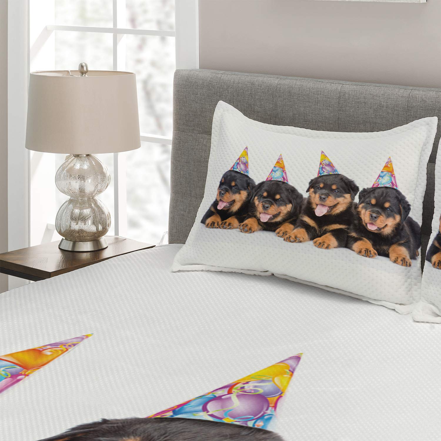 Ambesonne King Size 3-Piece Quilted Bedspread Set with 2 Pillow Shams - Rottweiler Puppies Birthday Party Art Print in Marigold & Black - Perfect for Dog Lovers' Bedroom Decor, Gift for Pet Owners, Cozy Home Accent