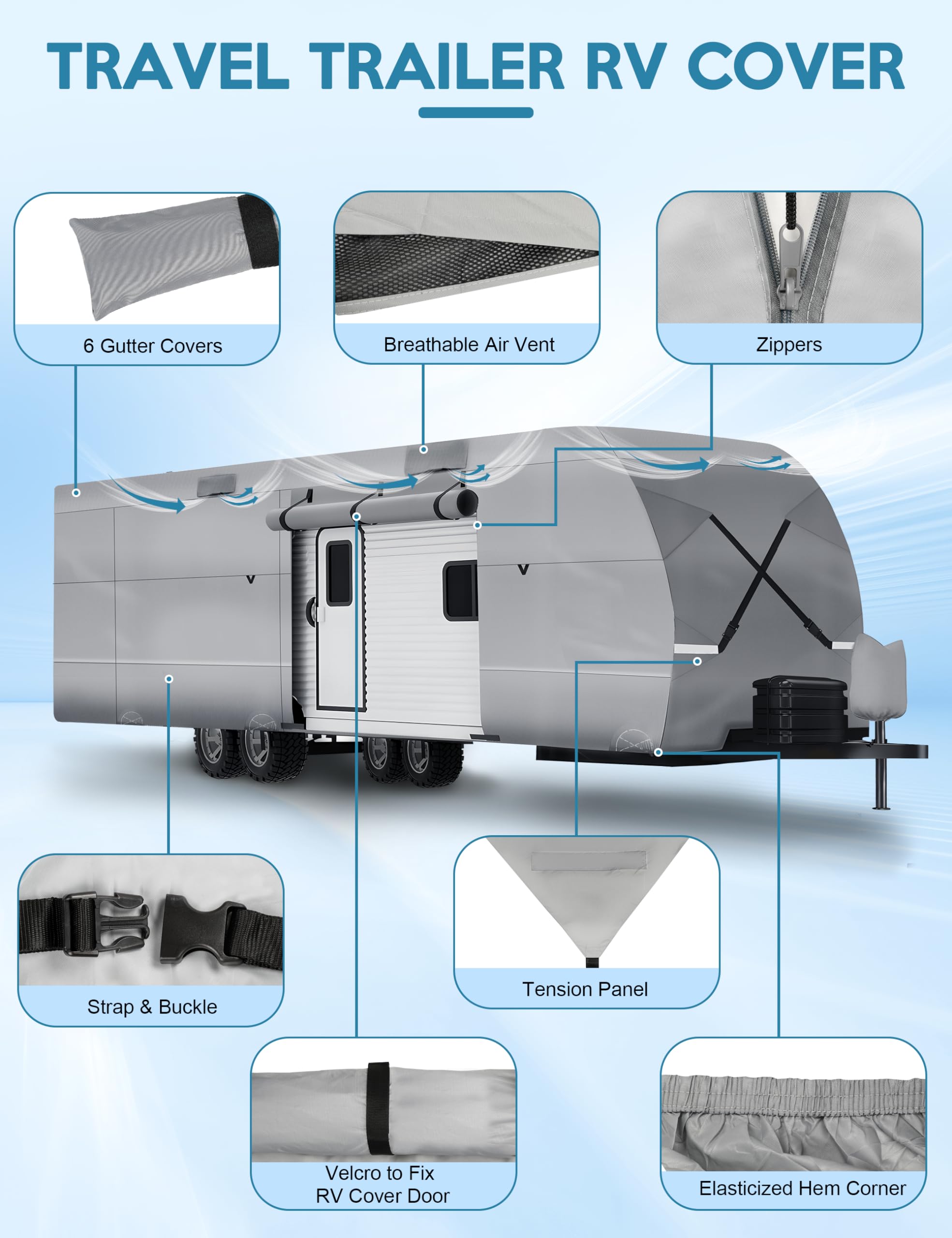30-33ft RV Travel Trailer Cover - 300D Oxford Waterproof Camper Cover with Jack Cover, Windproof Straps & Storage Bag | All-Weather Protection for Winter Snow, Rain & UV Rays | Perfect for Outdoor RV Storage & Long-Term Parking