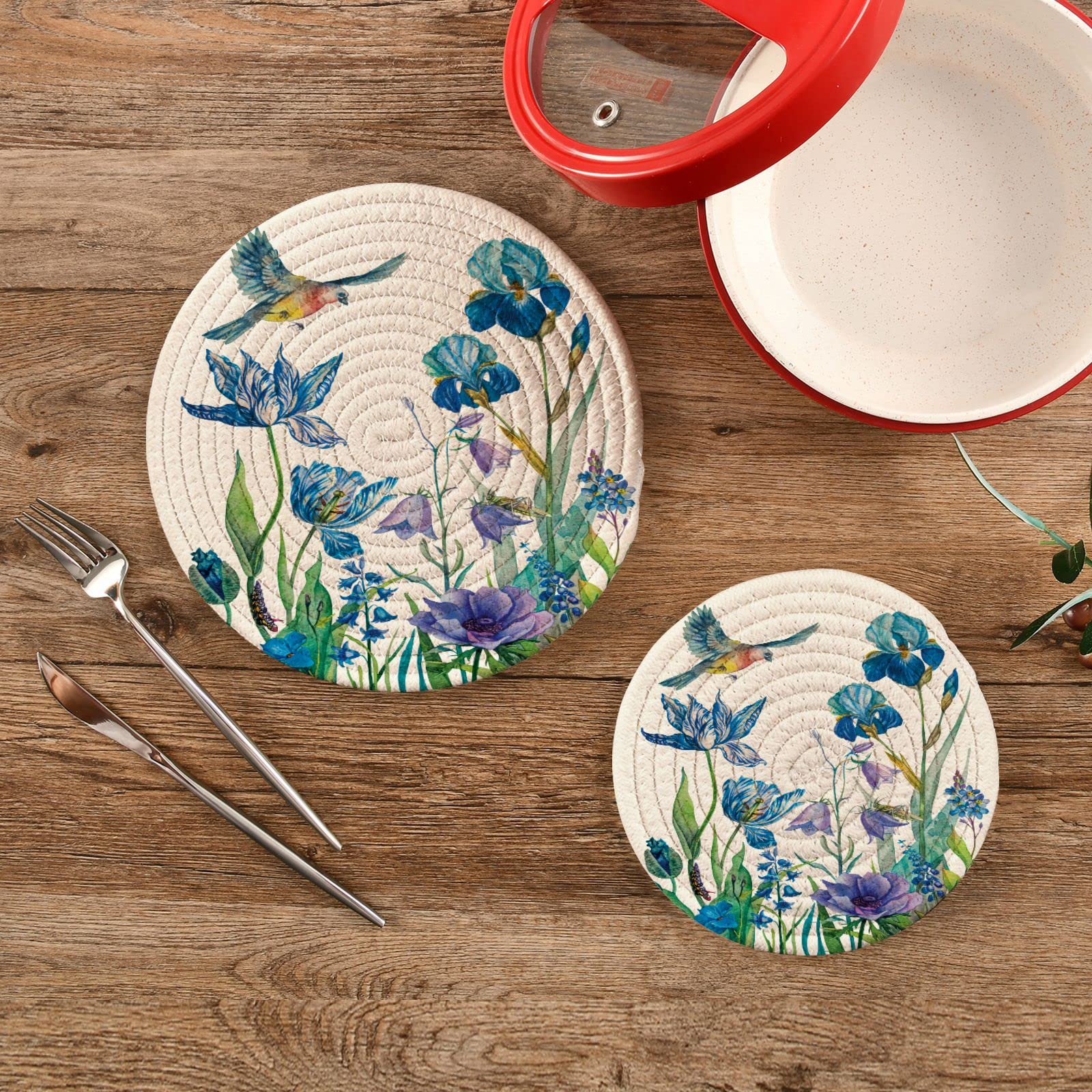 Summer Bird Floral Pot Holders & Trivets Set of 2 - Heat Resistant Cotton Woven Hot Pads for Pans, Bowls & Teapots - Spring Leaf Design Kitchen Decor for Dining Table & Countertop Protection