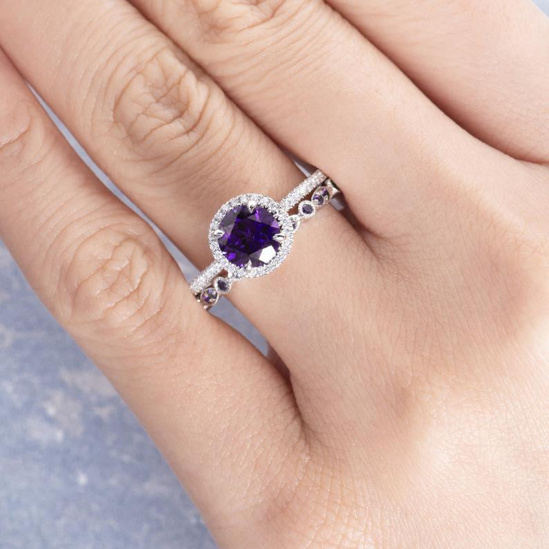 Amethyst Engagement Ring & Wedding Band Set - 14K White Gold with Diamonds, February Birthstone Jewelry Gift for Women, Anniversary, Promise, Valentine's Day - Perfect for Proposals, Weddings & Special Occasions