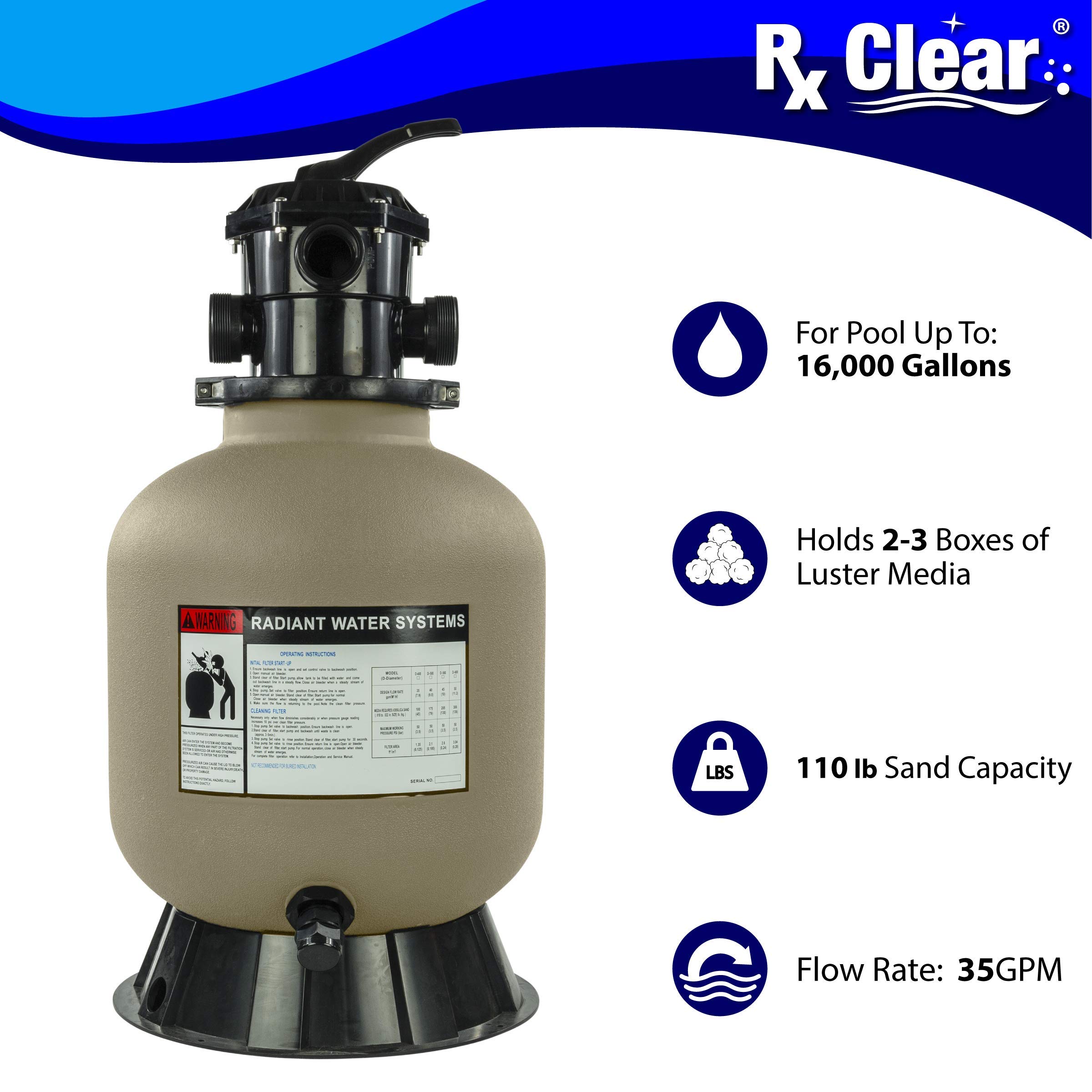 Rx Clear Radiant Sand Filter for Above Ground Pools - 16 Inch Tank, 6-Position Valve, 1.5