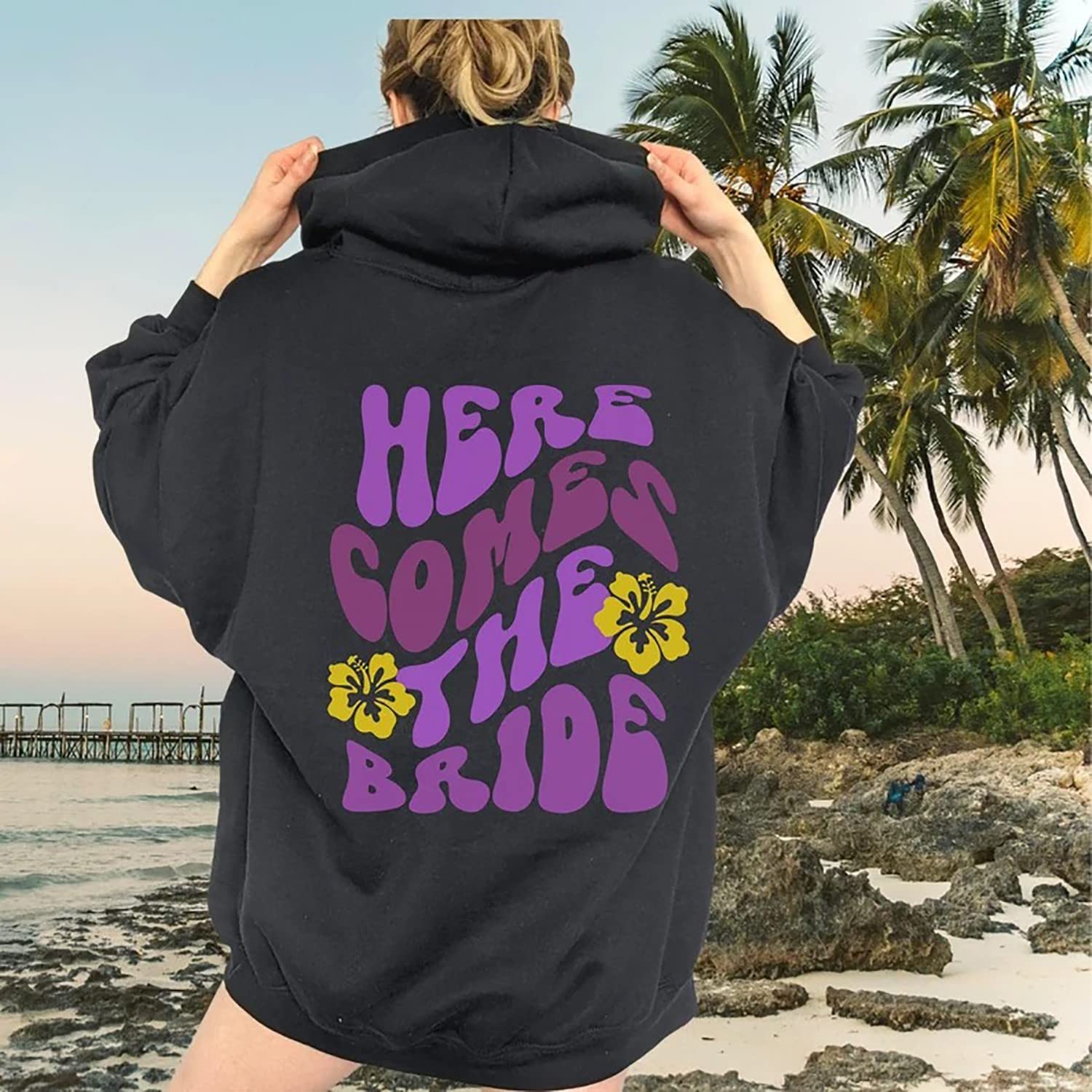 2022 Stylish 'Here Comes The Bride' Floral Wedding Hoodie - Cute Bridal Party Sweatshirt for Bachelorette & Rehearsal Dinner - Perfect Wife Shirt for Bridal Showers, Engagement Parties & Honeymoon Getaways
