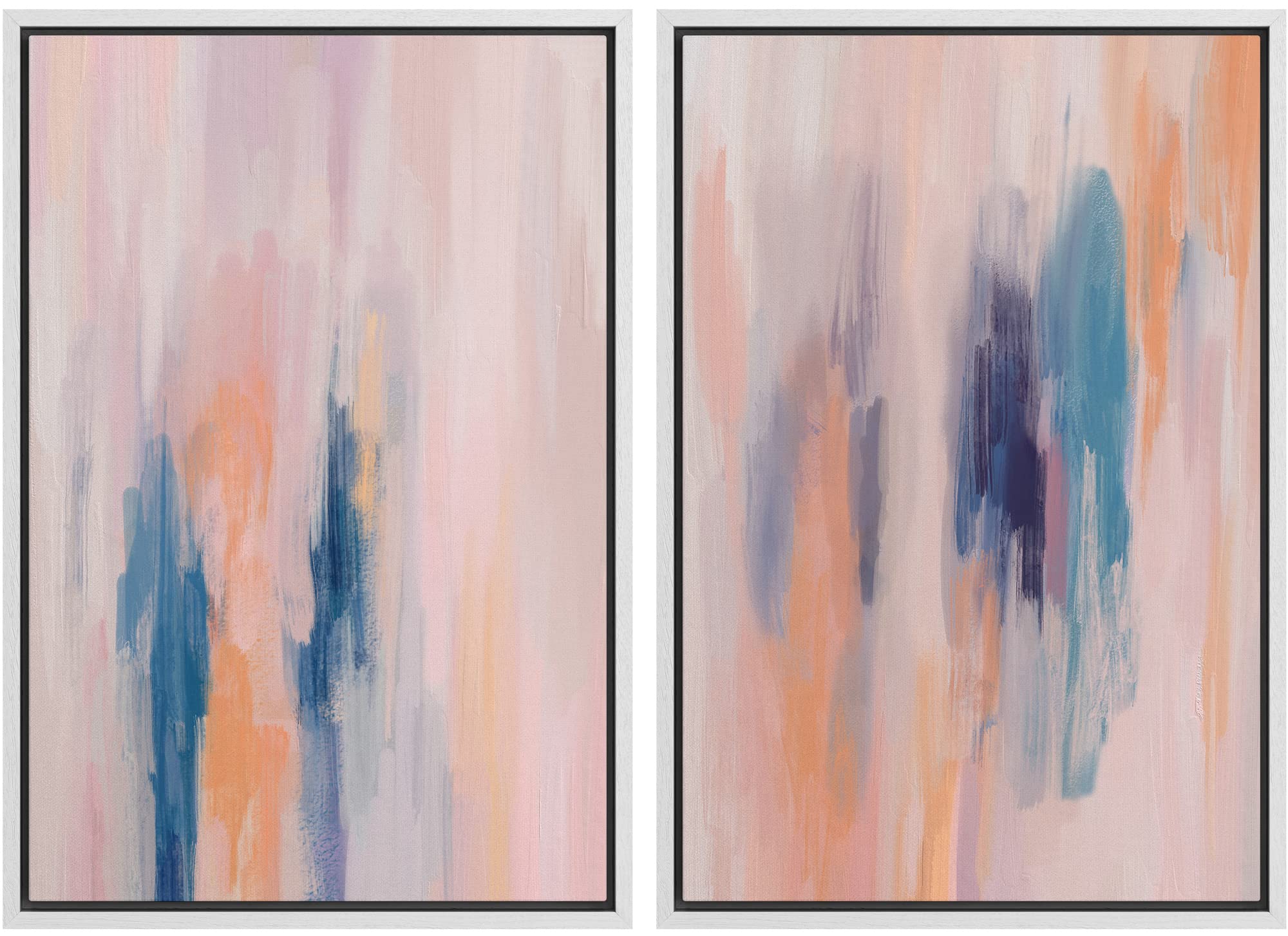 Modern Abstract Framed Canvas Wall Art Set - Pastel Blue & Pink Paint Strokes, Minimalist Digital Print for Living Room, Bedroom, Office Decor (16x24 Inches, White Frame) | Perfect for Zen Spaces, Home Staging & Contemporary Interior Design