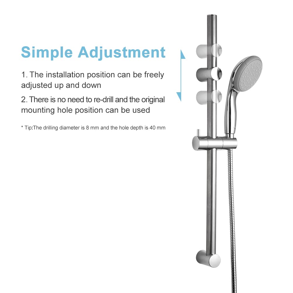 OFFO Adjustable Shower Riser Rail - 62cm Wall Mounted Shower Rail with Handheld Shower Head Holder, Chrome Finish (28-61cm Extension) - Perfect for Bathroom Renovation & Handicap Accessibility