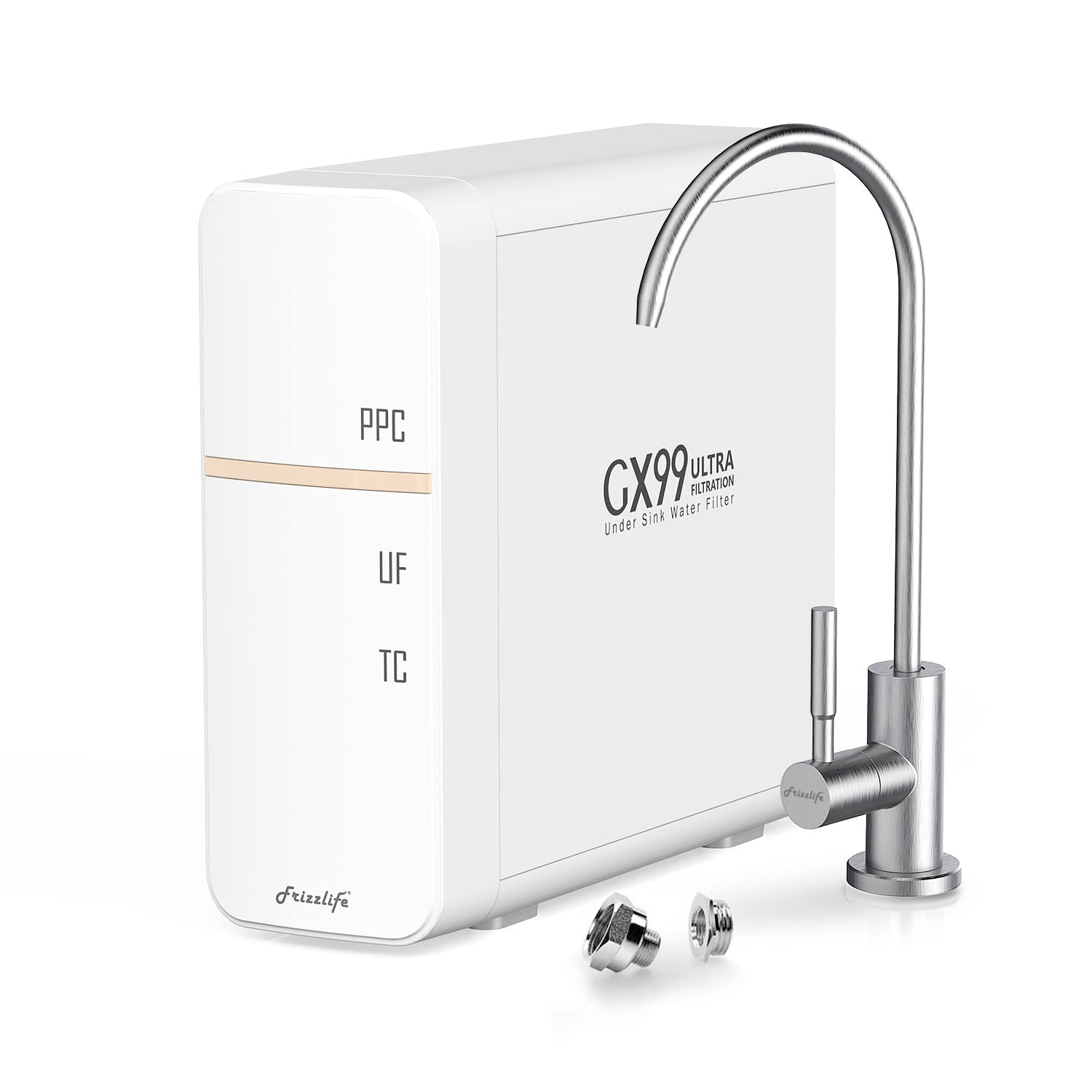 Frizzlife GX99 UF Under Sink Water Filter System - 0.01 Micron High Flow Filtration, Brushed Nickel Faucet, No Waste Water, No Power Needed | Perfect for Clean Drinking Water in Kitchens, Offices & RVs | USA Tech Support