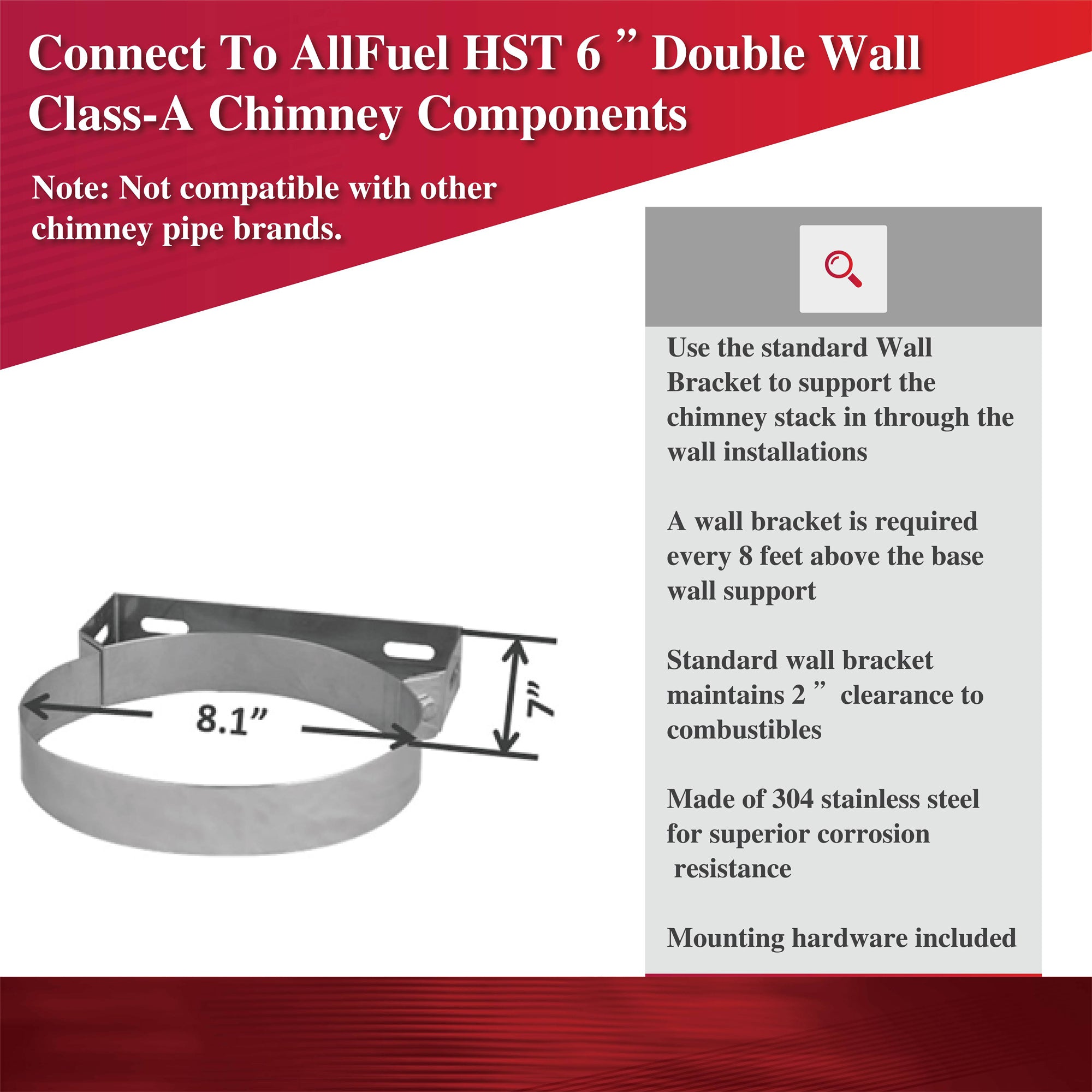 AllFuelHST Wall Bracket for 6-Inch Inner Diameter Chimney Pipe - Heavy Duty Support for Wood Stove, Fireplace & Venting Systems - Indoor/Outdoor Use