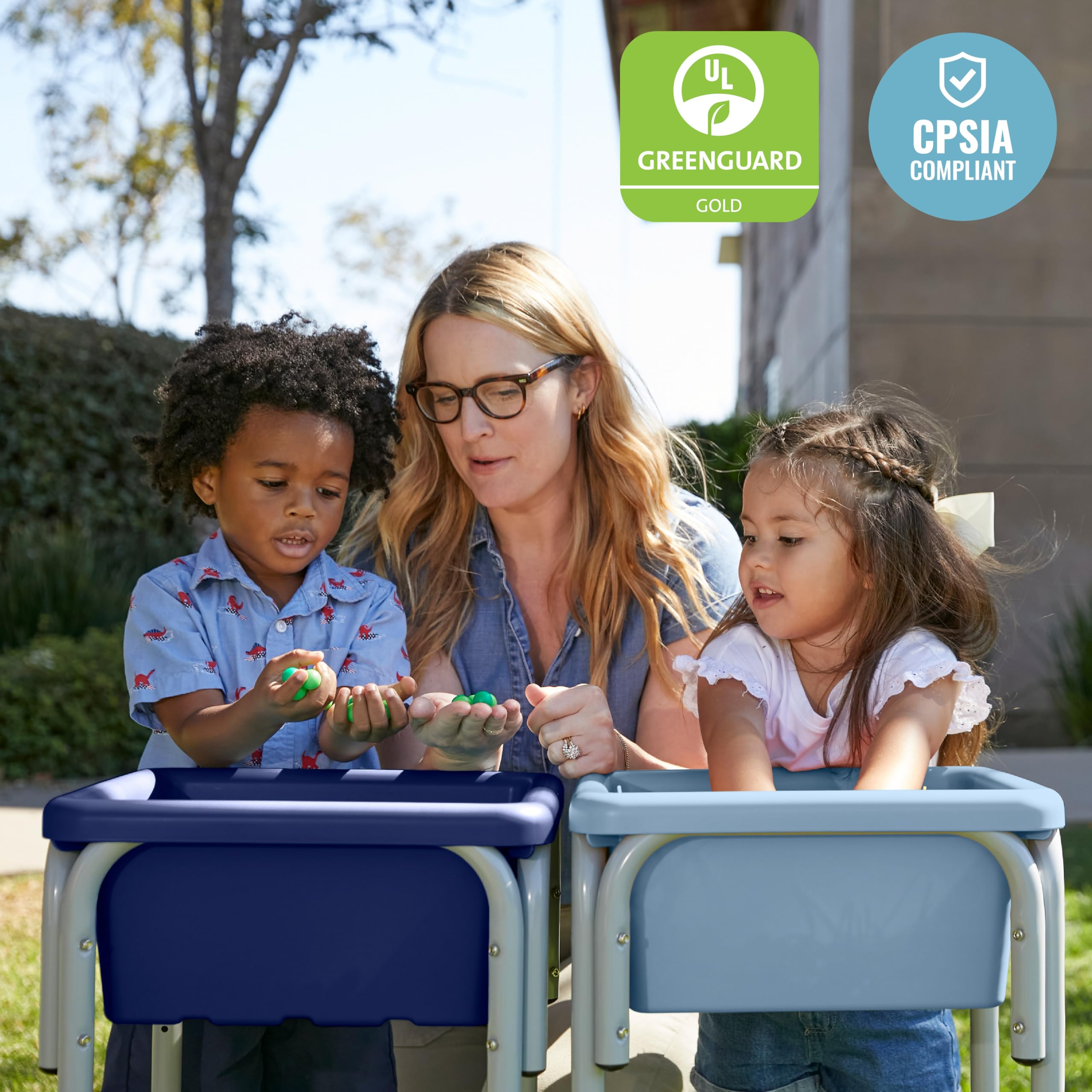 ECR4Kids Adjustable 2-Station Sand and Water Play Table for Kids - Sensory Bin Activity Center in Navy & Powder Blue - Perfect for Indoor & Outdoor Preschool Learning, Daycare, and Backyard Play