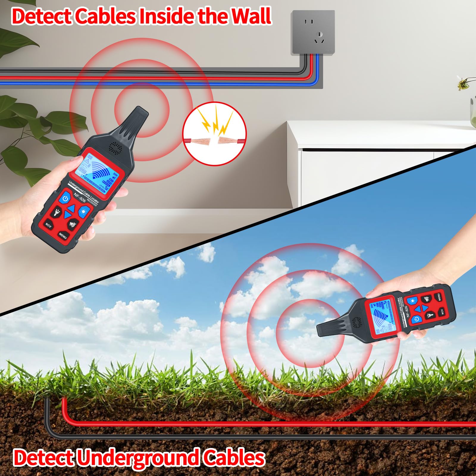 RockyMars NF826 Underground Cable Wire Locator - Professional Cable Tester & Wire Tracker for Dog Fence Cables, Short Circuit Detection, and Wall Wiring - Perfect for Electricians, DIY Home Repairs, and Underground Utility Detection
