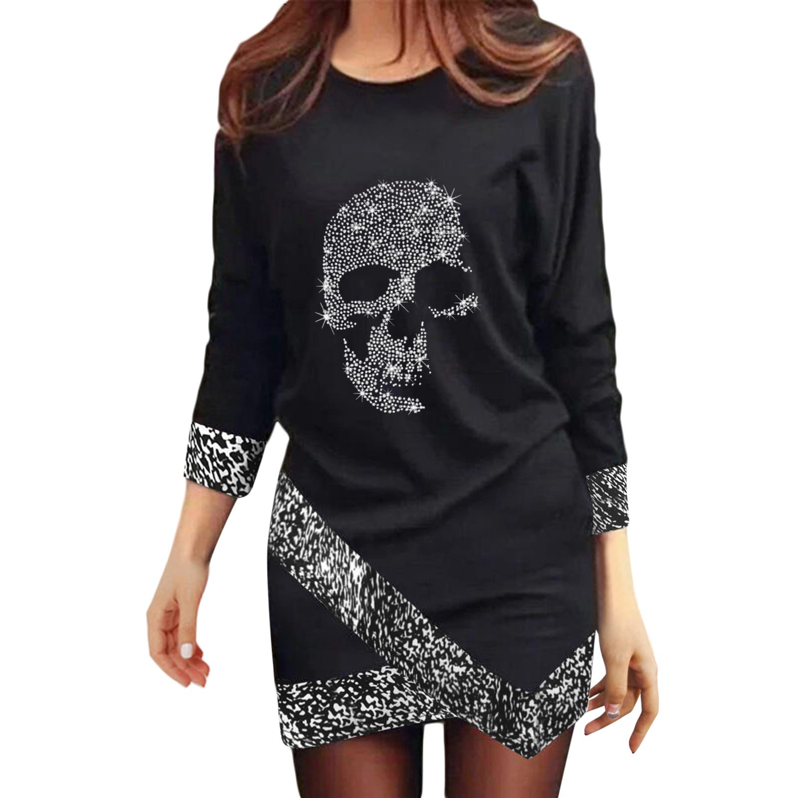 Women's Long Sleeve Leopard Print Party Dress - Plus Size Round Neck Irregular Hem Nightclub Dress for Evening Parties & Special Occasions