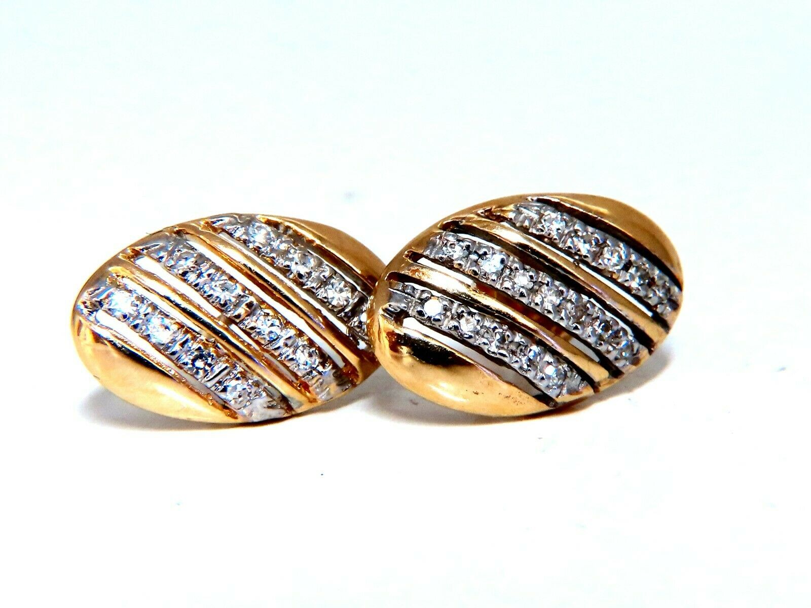 14K Gold Oval Striped Earrings with 0.20ct Natural Round Diamonds - Elegant Jewelry for Weddings, Parties & Special Occasions