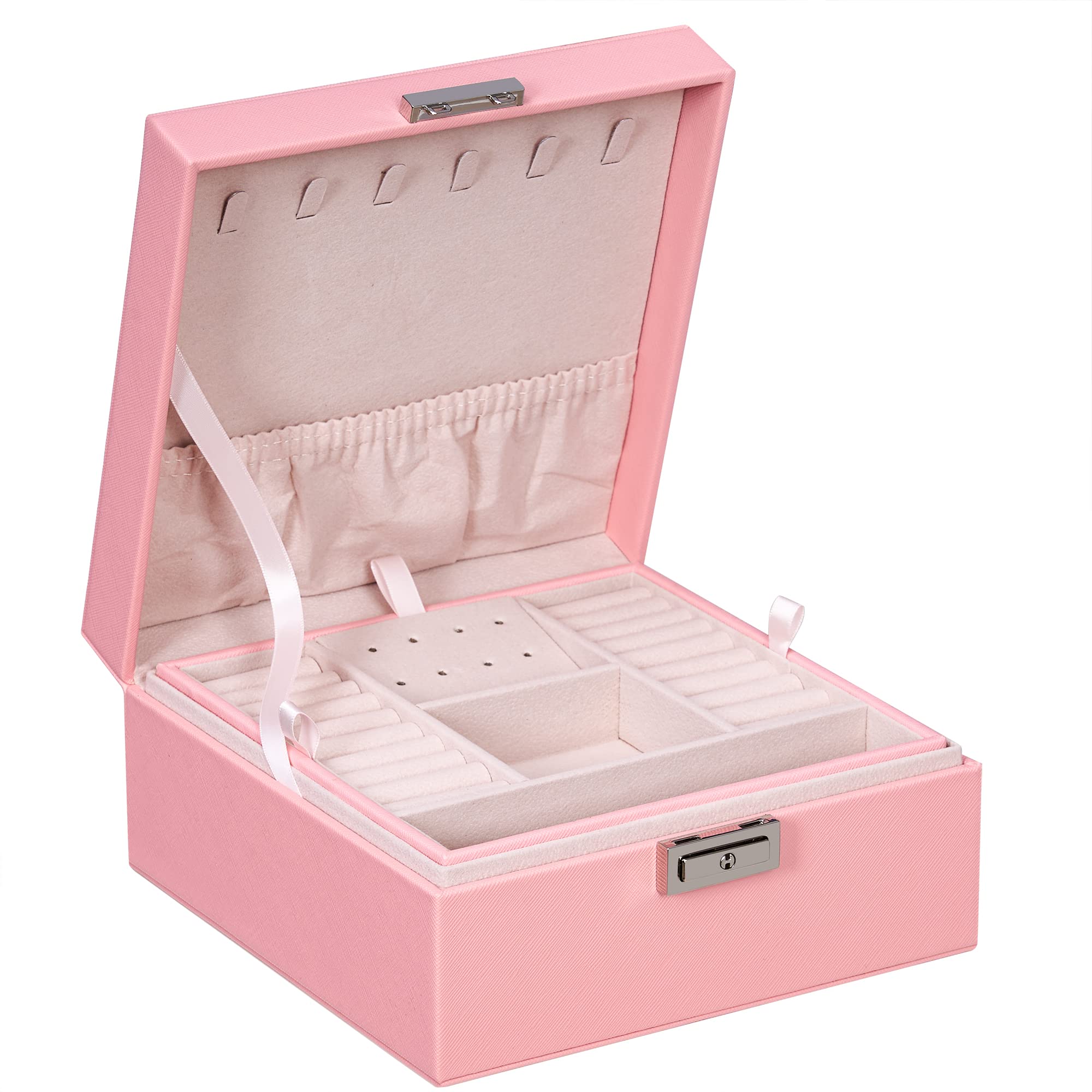 BEWISHOME Pink Jewelry Organizer Box with Removable Tray - Elegant Jewelry Storage Case for Necklaces, Earrings & Rings - Perfect Valentines Day Gift for Women & Girls - Great for Travel, Home Decor & Gift Giving