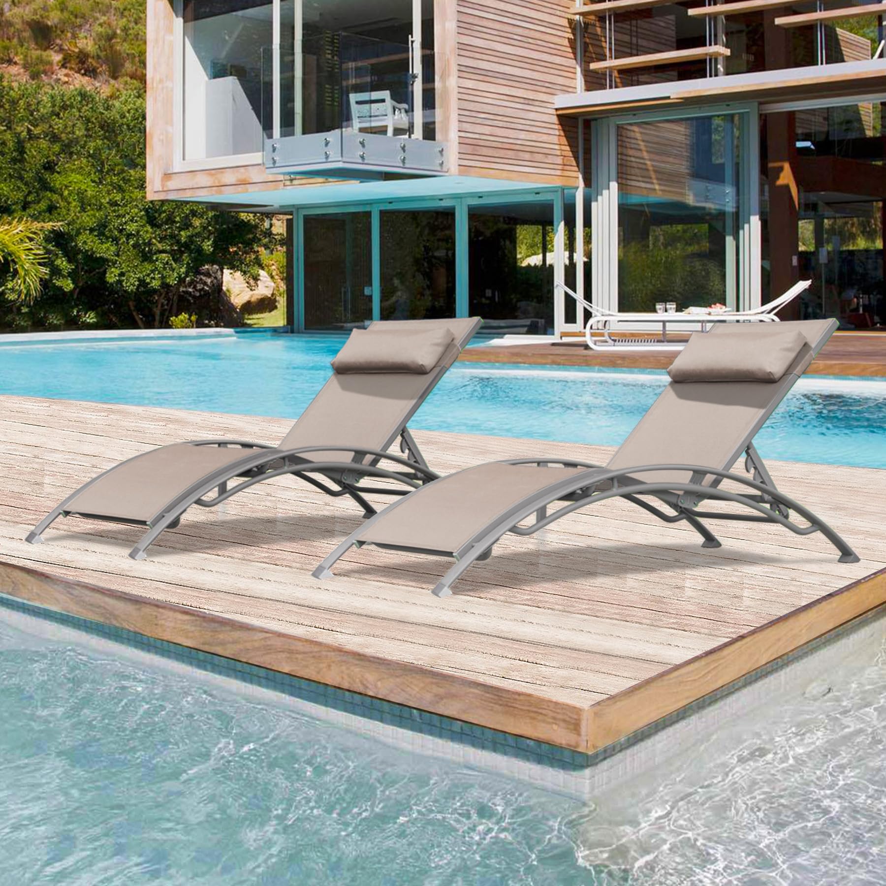Domi Outdoor Chaise Lounge Set of 2 - Adjustable Patio Recliner Chairs with Removable Pillow for Pool, Beach, Garden & Backyard - Comfortable Sunbathing & Relaxation Furniture (Khaki)