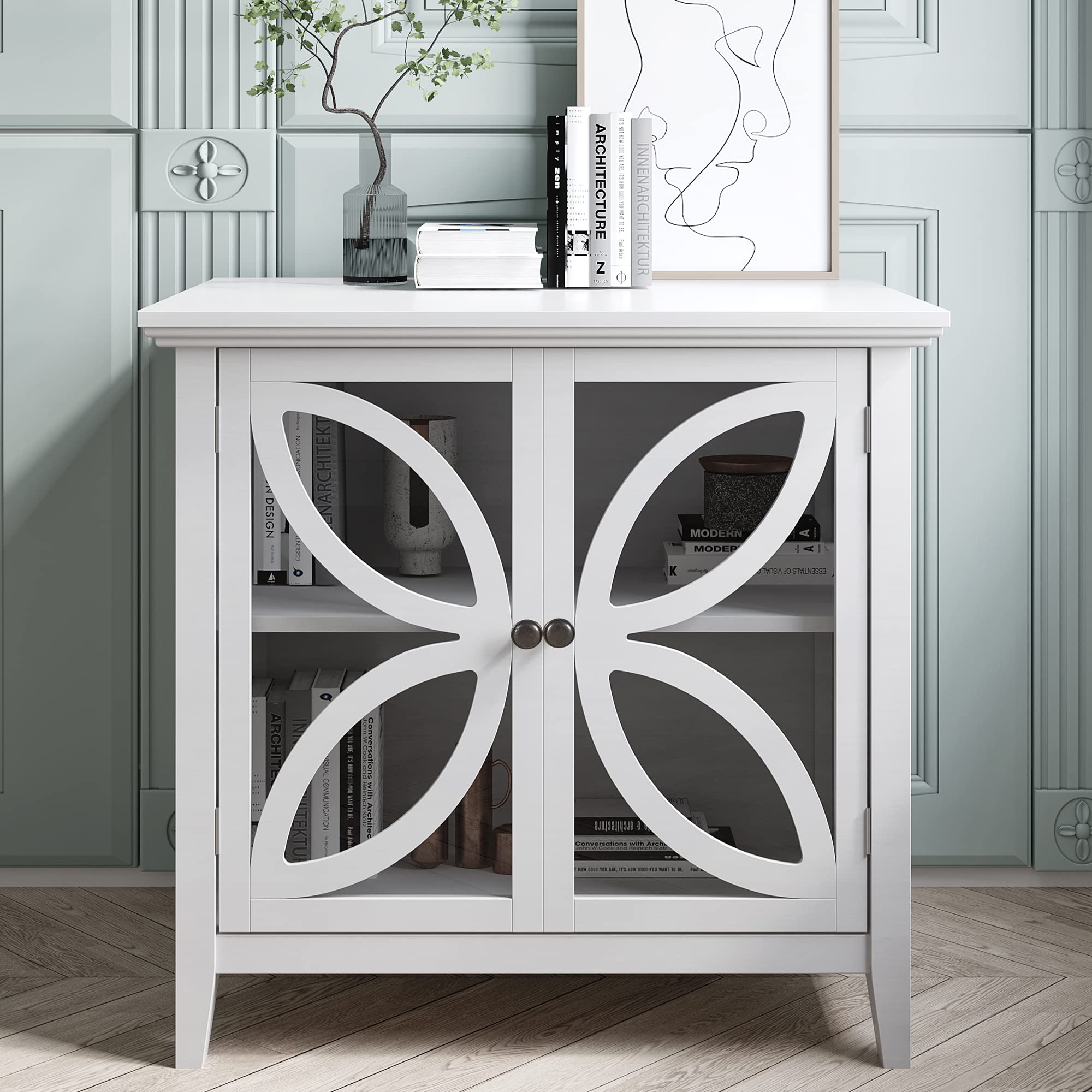 Modern White Wooden Accent Storage Cabinet with Adjustable Shelf & Glass Door - Entryway Console Table, Buffet Sideboard for Hallway, Kitchen, Bedroom & Living Room | Perfect for Home Organization & Stylish Decor