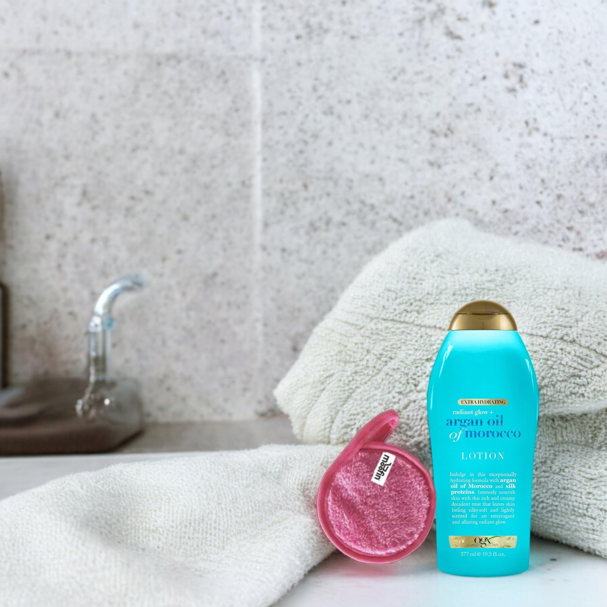 Radiant Glow + Argan Oil of Morocco Hydrating Body Lotion, 19.5 Fl Oz - Bundle with Makeup Cleansing Cloth | Deeply Moisturizing & Quick Absorb Cream for Soft, Smooth Skin | Pack of 2 | Perfect for Daily Skincare Routine & Post-Shower Hydration