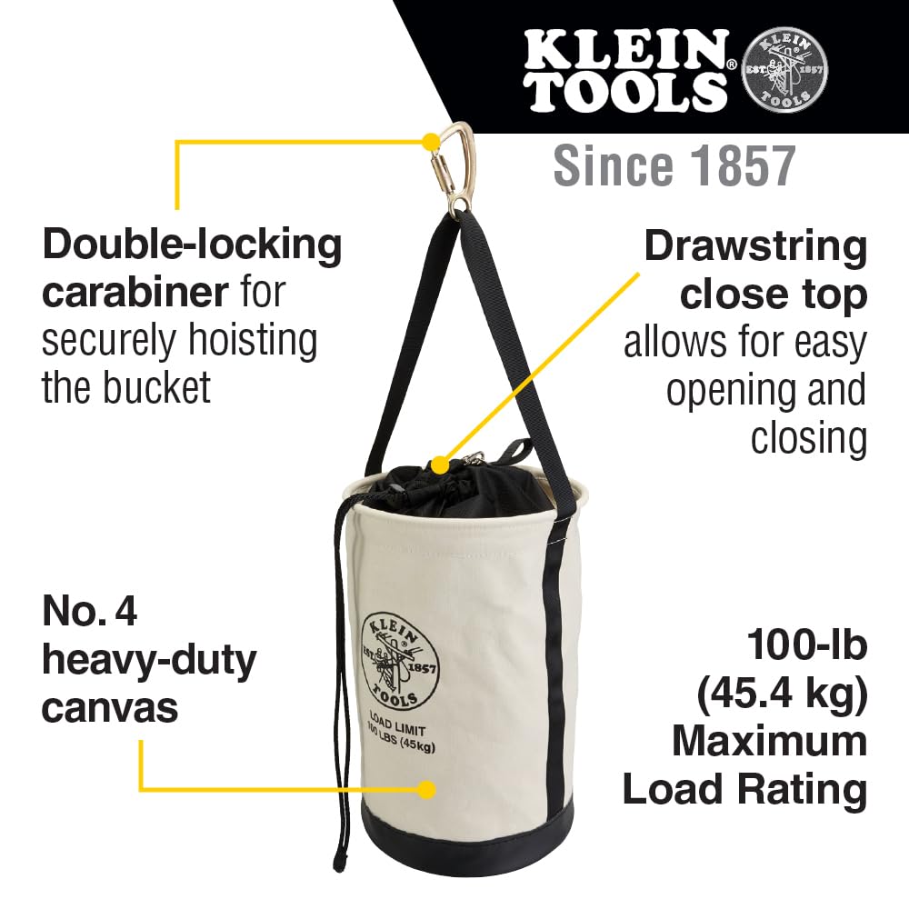 Klein Tools 5114DSC Heavy Duty Canvas Tool Bucket with Drawstring Closure - 17-Inch Leather Reinforced Bottom, 100 lb Capacity - Perfect for Construction, Plumbing & Electrical Work