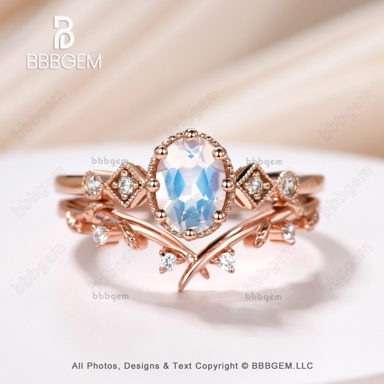 Vintage Art Deco 14K Rose Gold Moissanite & Moonstone Statement Ring Set - 5 Stone Oval Bridal Ring for Women - Perfect for Weddings, Anniversaries & Special Occasions