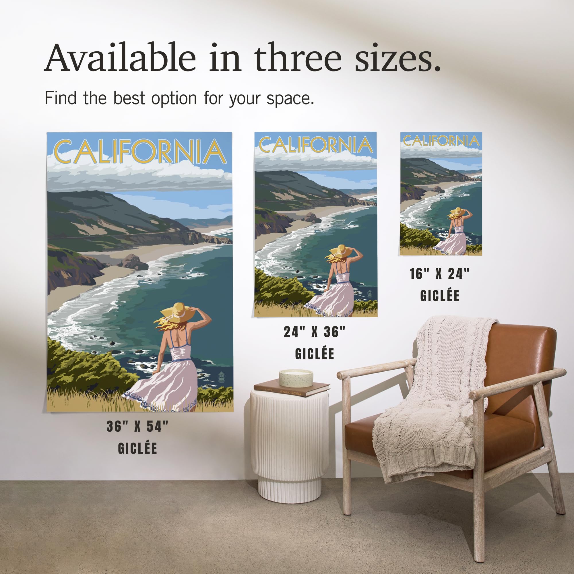 Lantern Press 16x24 Inch Giclee Art Print - California Coastal Landscape with Elegant Woman in Hat - Premium Wall Decor for Living Room, Bedroom & Office