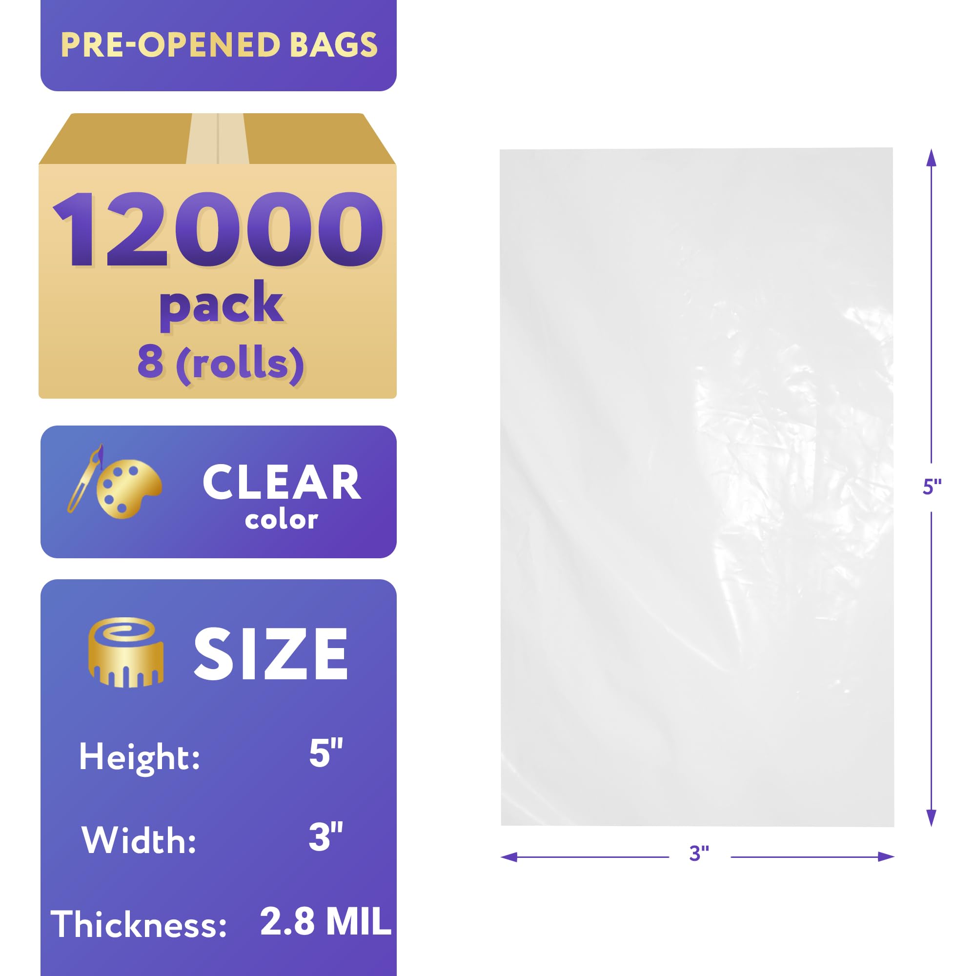 APQ 8 Rolls, 12000 Pre-Opened 3x5 Heavy Gauge Poly Bags - 2.80 Mil Thickness Clear Plastic Bags for Packing, Storing & Food Service - Ideal for Industrial Use, Retail Packaging & Shipping Supplies