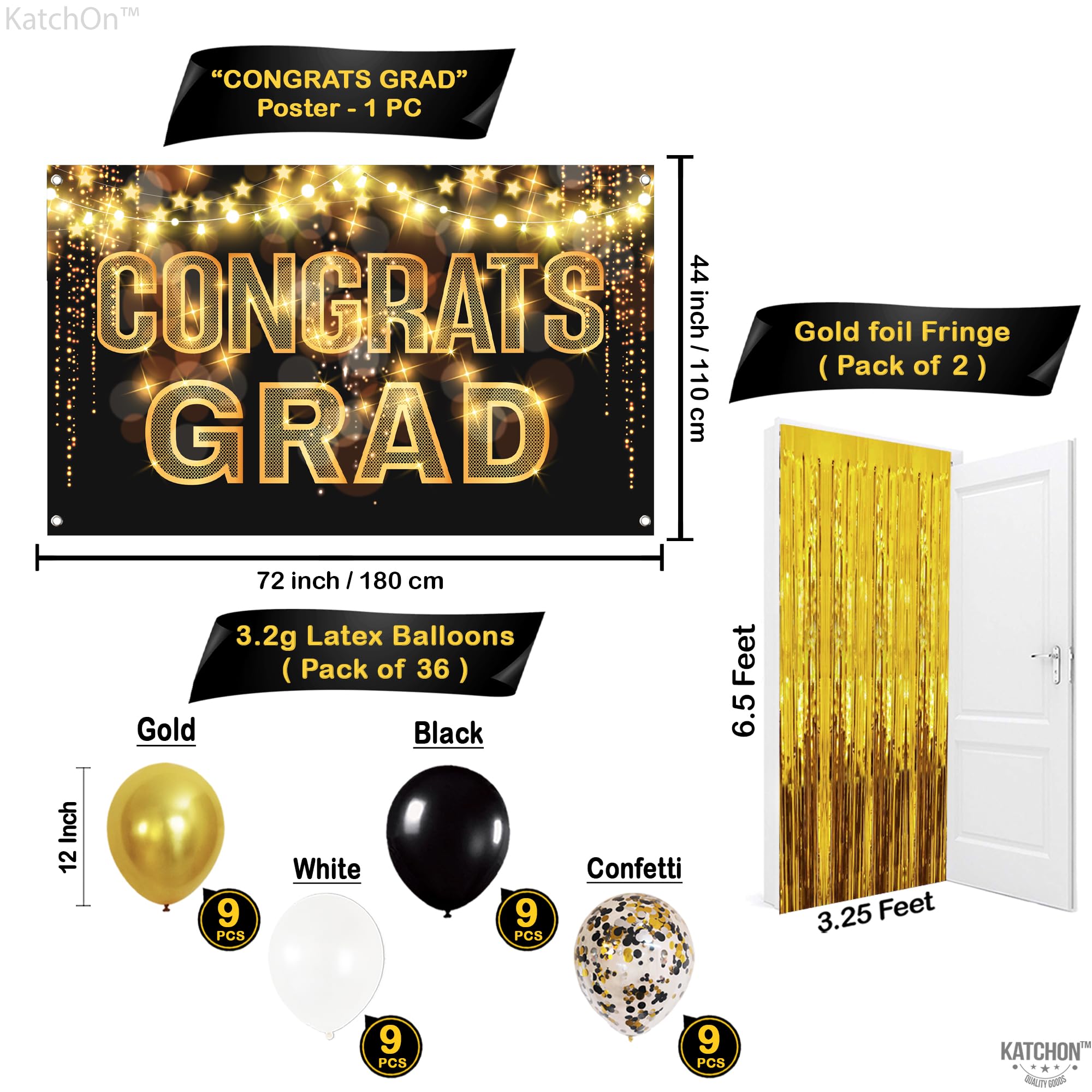 KatchOn Black & Gold Graduation Decorations Class of 2025 - 61-Piece Party Set with Congrats Grad Banner, Gold Foil Fringe Curtain & 2025 Balloons | Perfect for High School & College Graduation Parties, Photo Backdrops & Celebration Decor