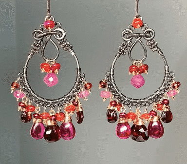 Stunning Red Gemstone Chandelier Earrings with Garnet & Sapphire | Mixed Metal & Oxidized Silver | Perfect for Evening Parties, Weddings & Special Occasions