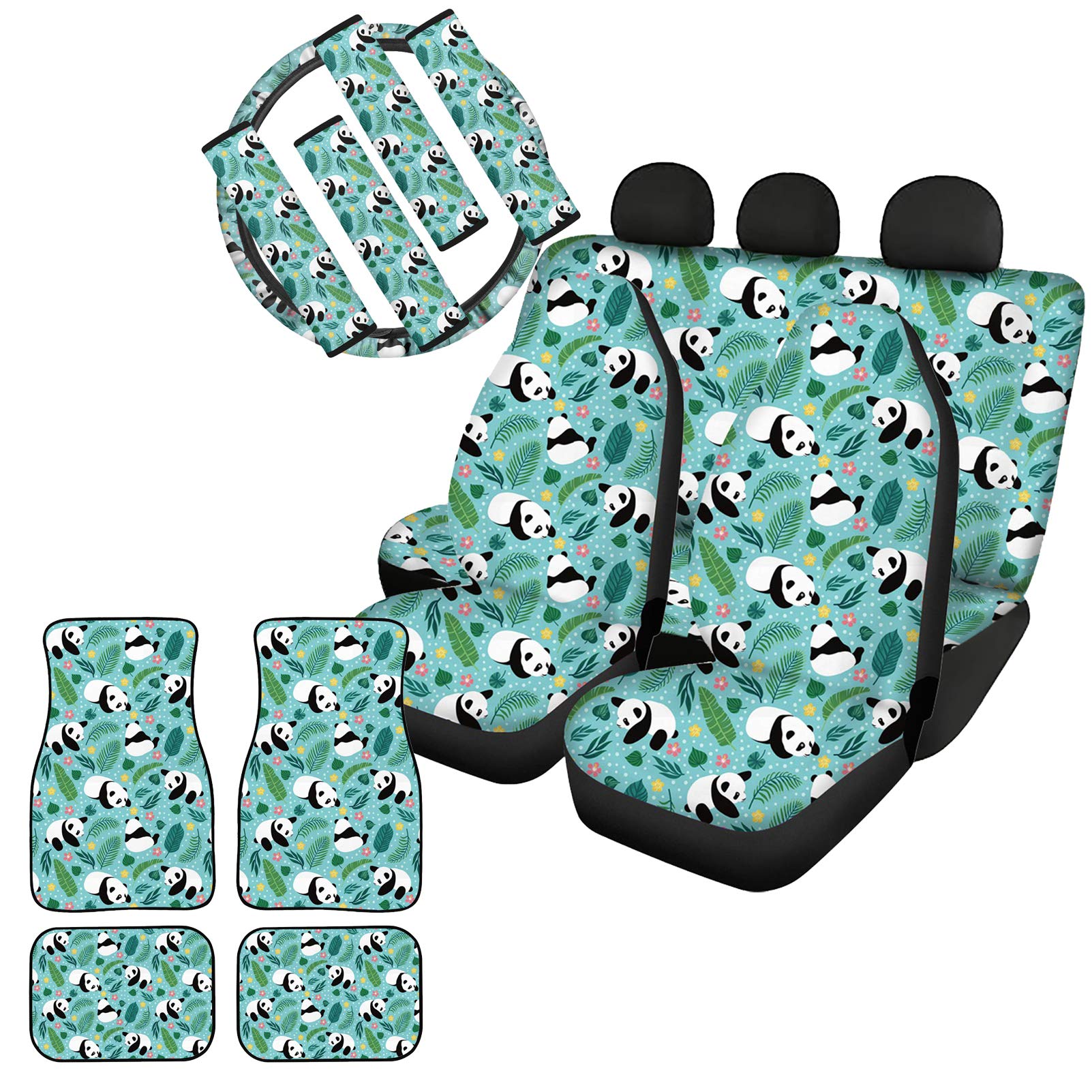 WELLFLYHOM 13-Piece Panda Leaves Car Accessories Set - 2 Front Seat Covers, 2 Rear Bench Covers, 4 Seat Belt Covers, 4 Floor Mats & Steering Wheel Cover - Cute Panda Themed Car Interior Decor for Sedans, SUVs & Family Vehicles