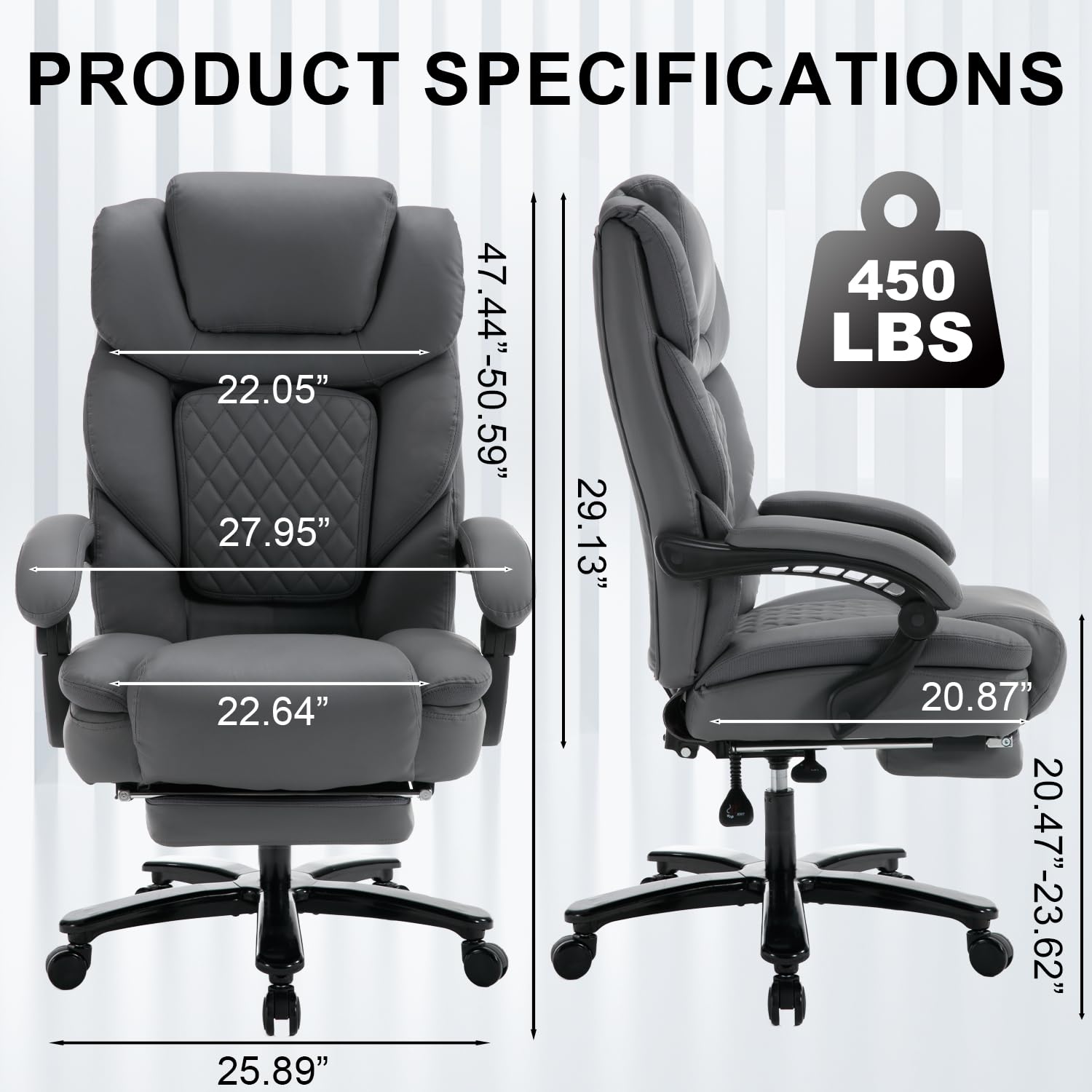 450lbs Heavy Duty Big & Tall Office Chair with Footrest - Ergonomic Reclining Leather Executive Desk Chair, Wide Seat for Back Support - Plus Size Managerial Chair in Gray - Perfect for Home Office, Gaming & Conference Rooms