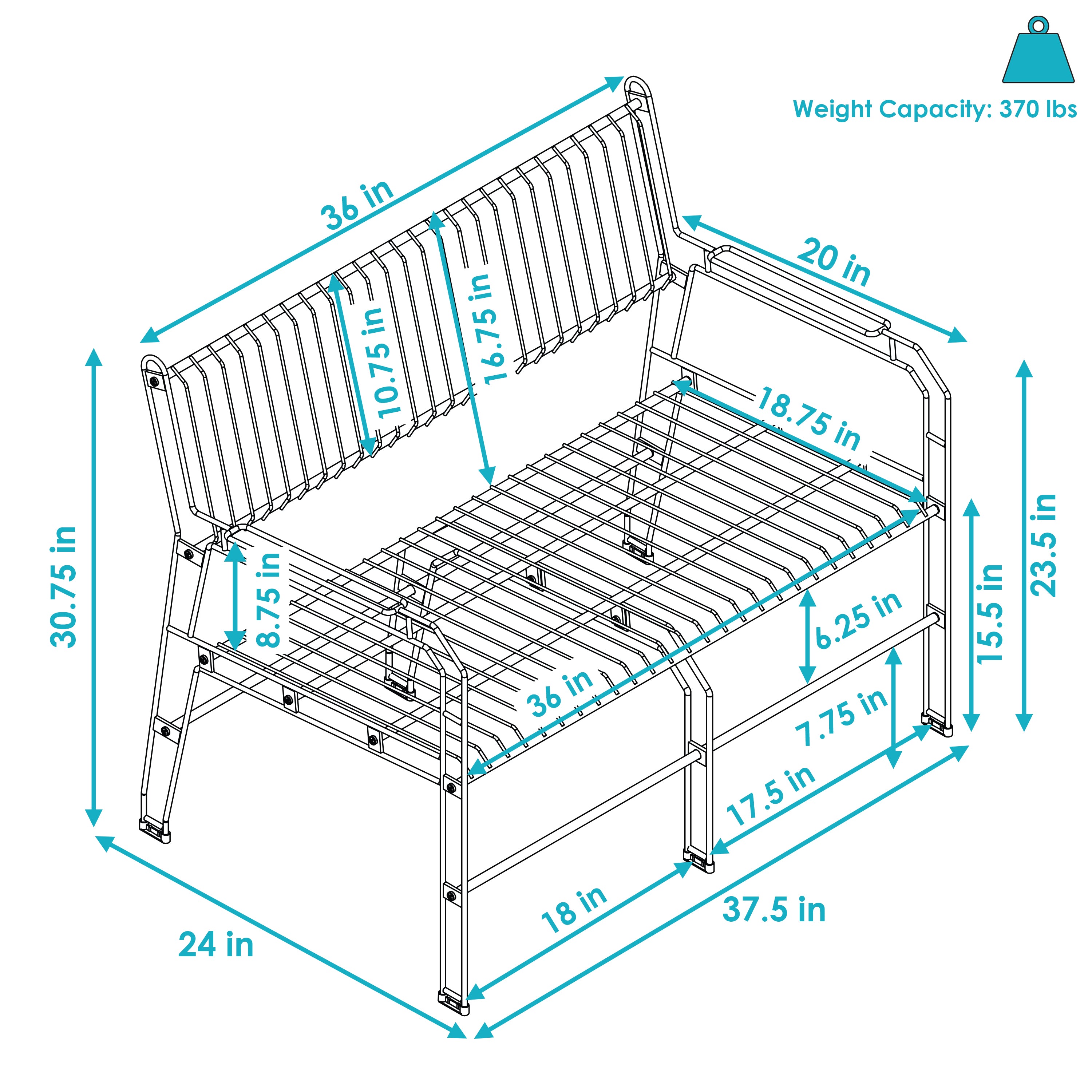 Modern Black Metal Patio Bench for 2 Persons - Outdoor Garden, Porch & Backyard Seating - Sunnydaze Durable Weather-Resistant Furniture