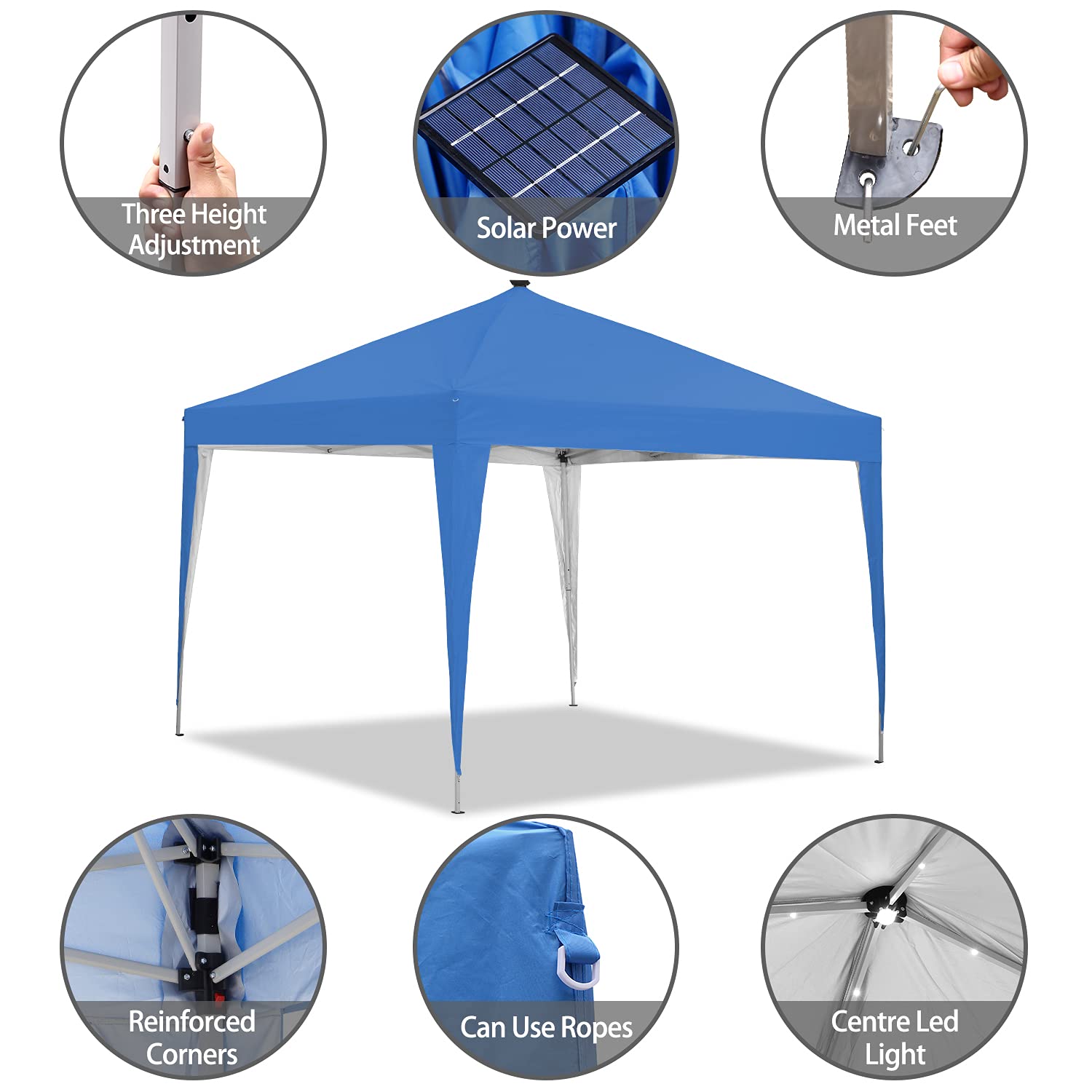 10x10 ft Pop-Up Canopy Tent with Solar LED Lights - Portable Outdoor Party Shelter for Camping, Tailgating, Beach & Backyard Events (Blue)