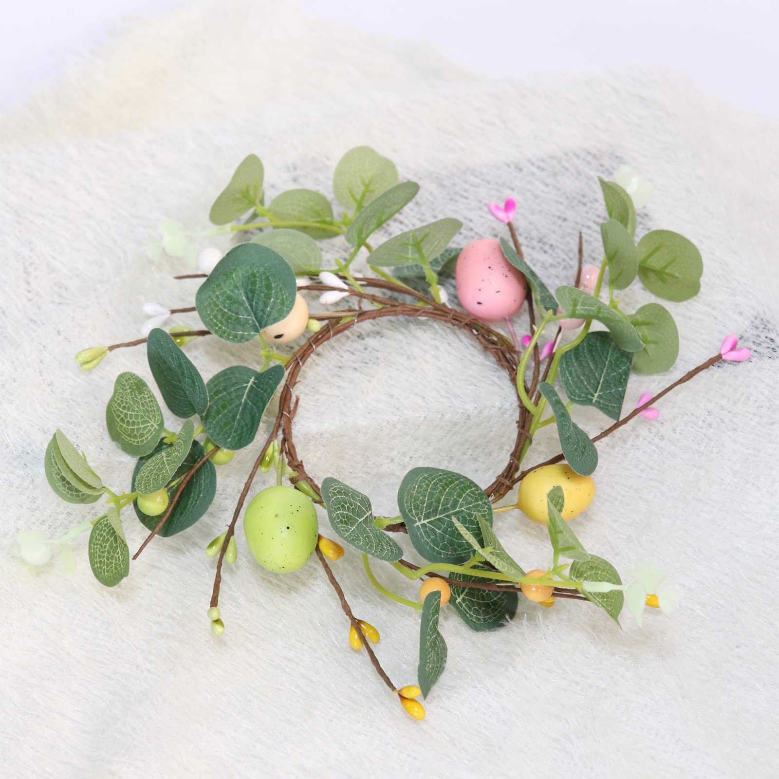 BEIJIALY 4-Pack Easter Candle Rings - Farmhouse Style Artificial Wreaths with Easter Eggs & Pip Berries for Table Decor - Green (Perfect for Easter Holiday Centerpieces, Spring Home Decor & Farmhouse Themed Parties)