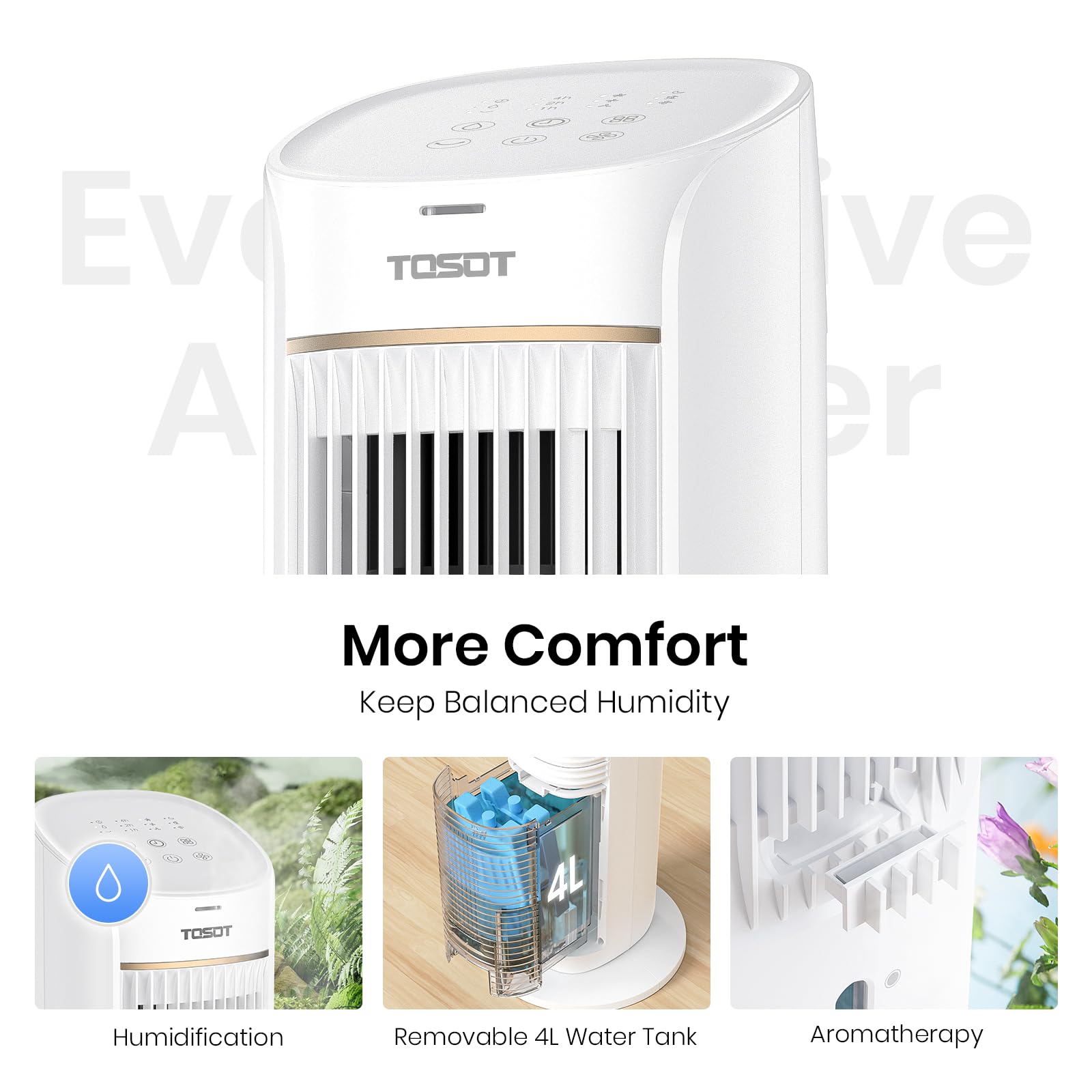 TOSOT 80° Oscillating Tower Fan with Remote Control - 3 Speed Quiet Cooling Fan, 360m³/h CFM, 7-Hour Timer & 4L Removable Water Tank Humidifier - Includes 2 Ice Packs for Extra Cooling - Perfect for Bedroom, Living Room & Office Use