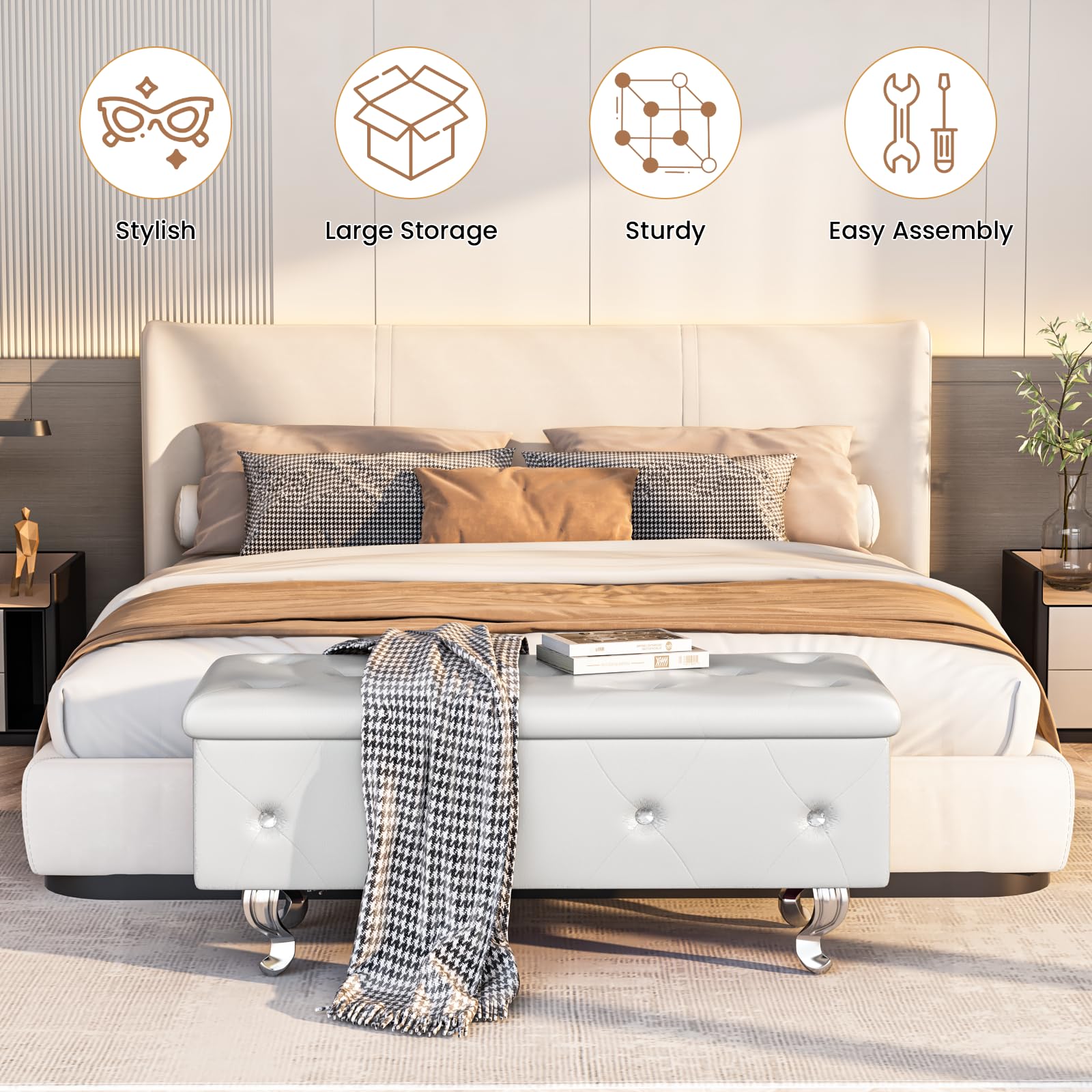 DKLGG Leather Storage Ottoman Bench with Seating - Upholstered Bedroom, Living Room & Entryway Furniture - White - Perfect for Extra Seating, Shoe Storage & Home Organization