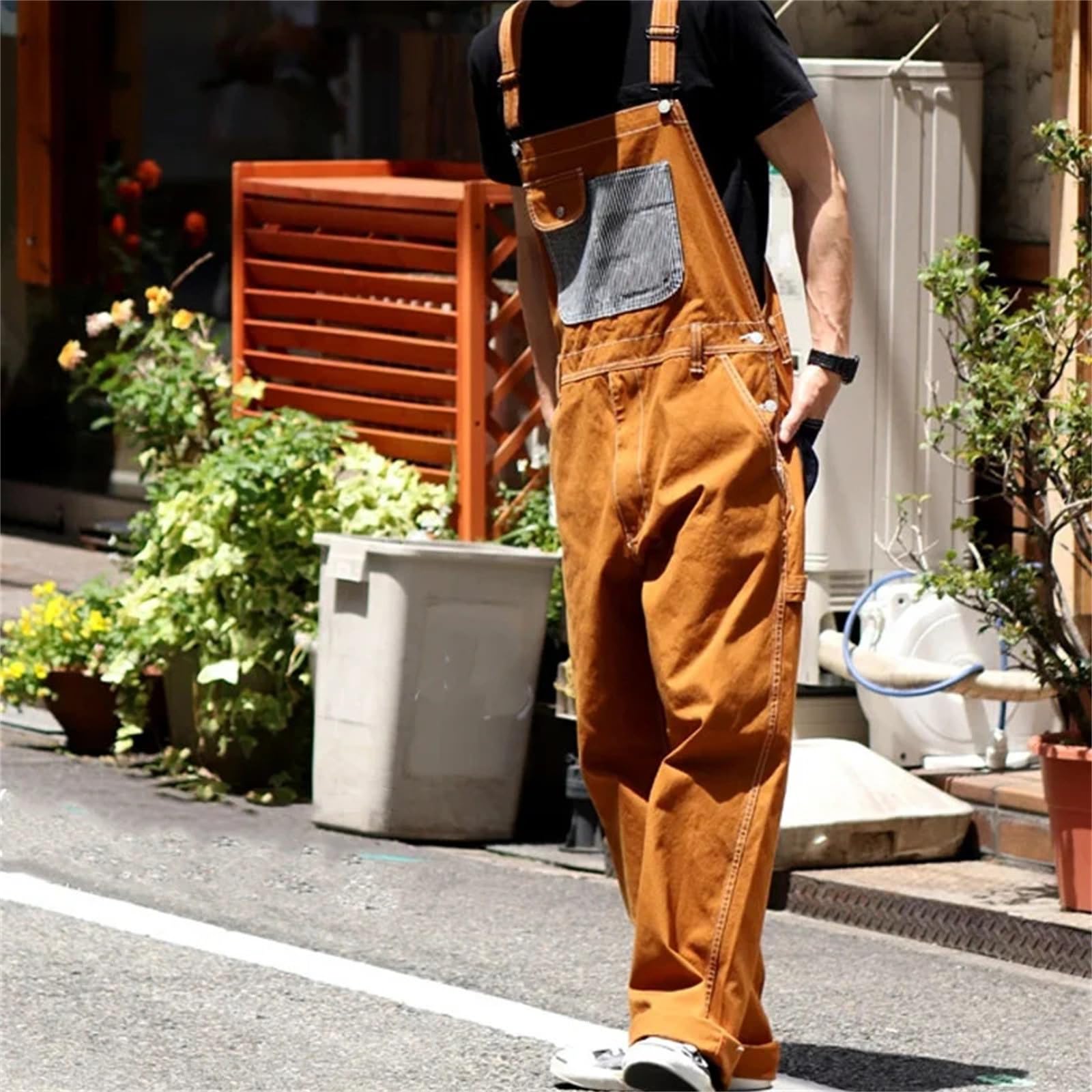 2024 Men's Denim Bib Overalls - Relaxed Fit Workwear with Adjustable Straps & Tool Pockets - Durable Denim Jumpsuit for Farming, Construction & Outdoor Work (Orange, XL)