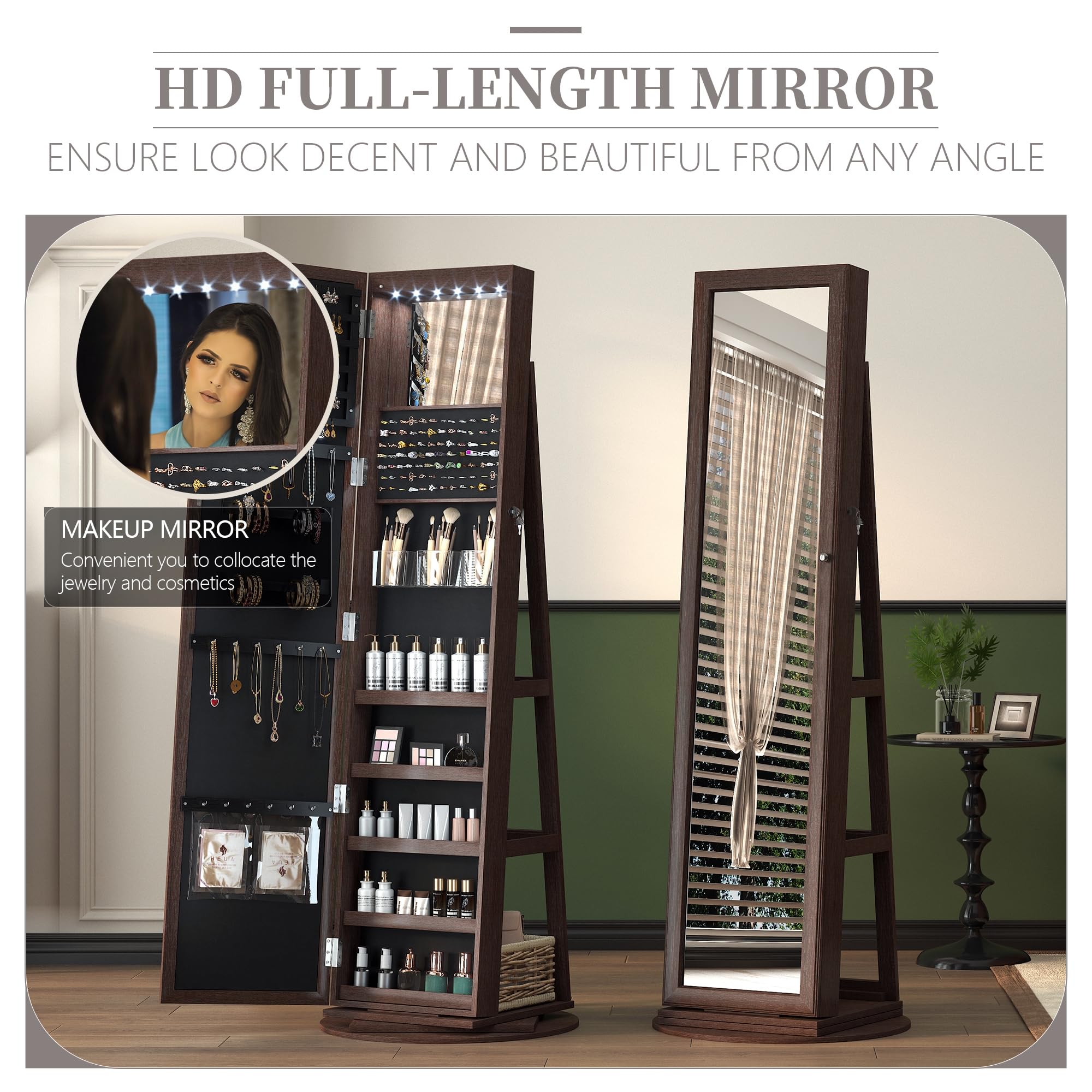 360° Swivel Jewelry Cabinet with Full-Length Mirror - Freestanding Jewelry Armoire Organizer for Bedroom & Dressing Room (Dark Brown) | Perfect for Closet Organization & Home Decor