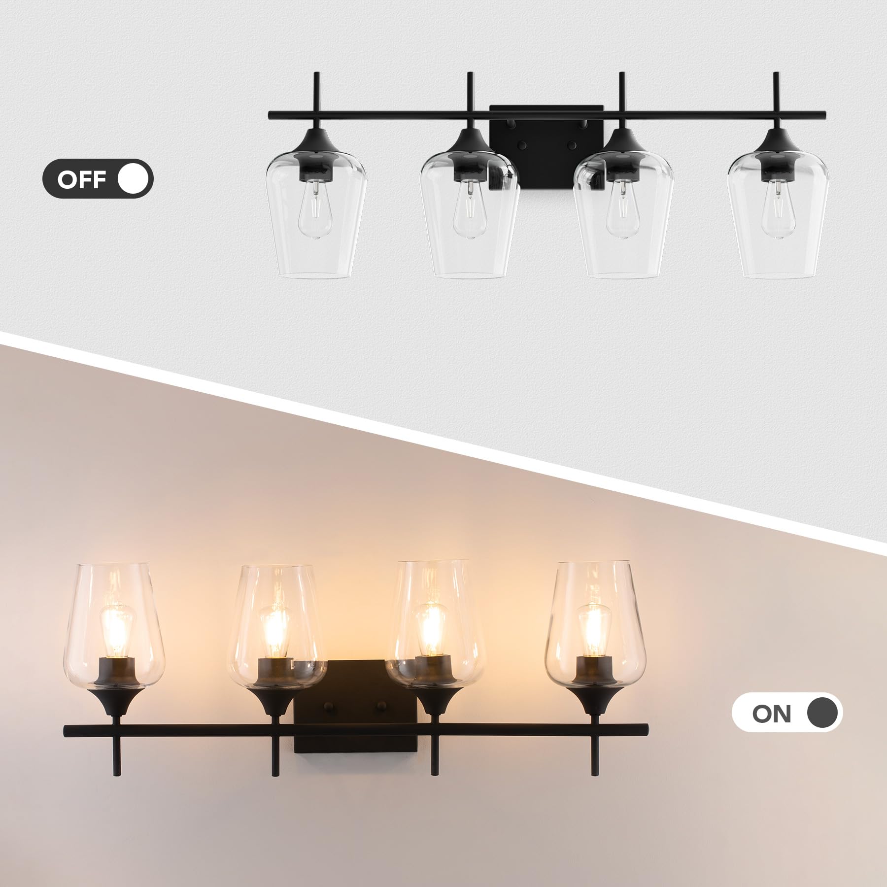 VONLUCE 4-Light Modern Bathroom Vanity Light Fixture with Clear Glass - Matte Black Wall Sconce for Bathroom, Bedroom, Hallway & Kitchen | Perfect Over Mirror Lighting for Home Decor
