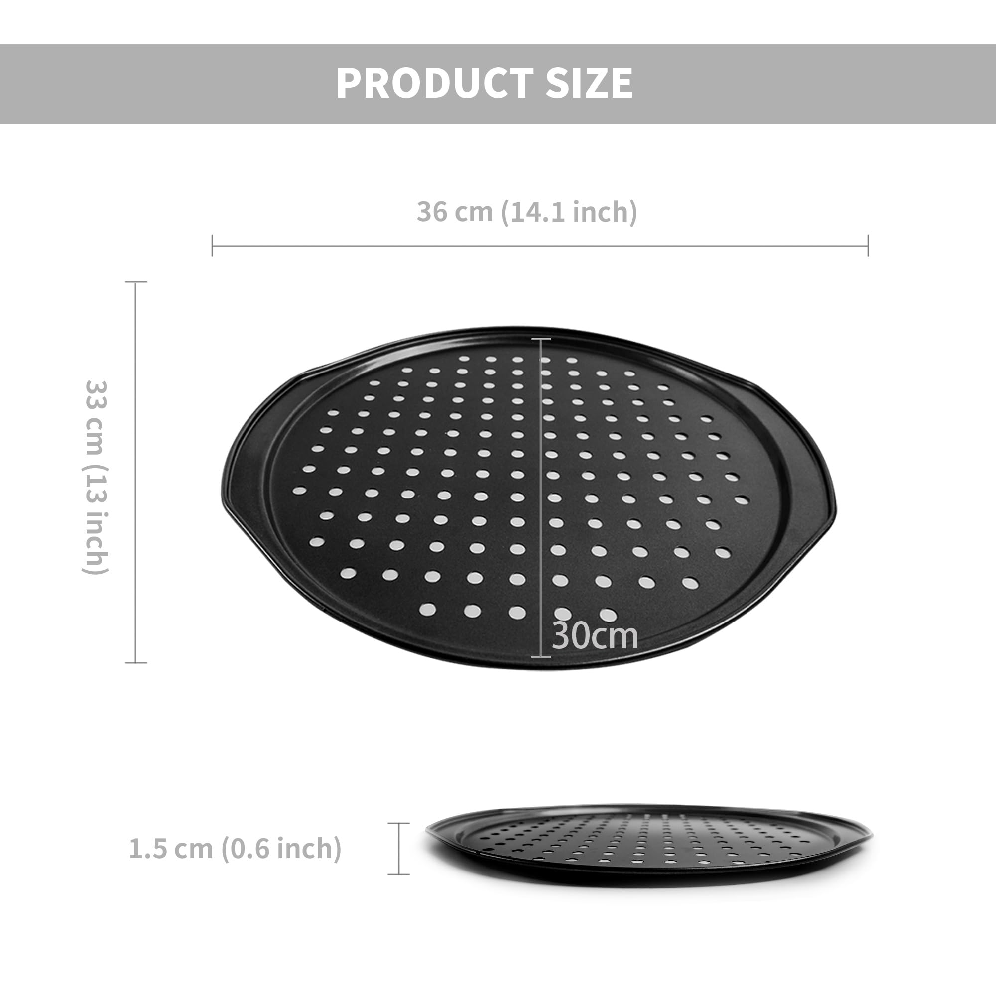 AZKEEGREY 2 Pack 14 Inch Non-Stick Pizza Pans for Oven - Carbon Steel Round Pizza Trays with Holes & Handles (30cm Inside Diameter) - Perfect for Baking, Reheating & Serving Homemade Pizzas, Breads & Pastries