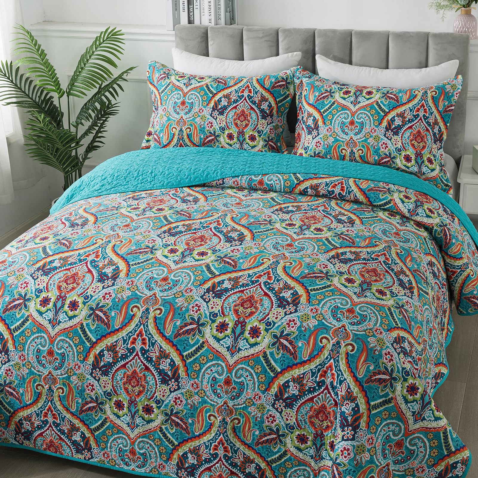 BEDIFANY Queen Size Quilt Set - Lightweight 100% Cotton Reversible Bedspread Coverlet (90x98 Inches) with Boho Design - 3-Piece Bedding Set for Comfortable Sleep - Perfect for Guest Rooms, Master Bedrooms & Cozy Home Decor