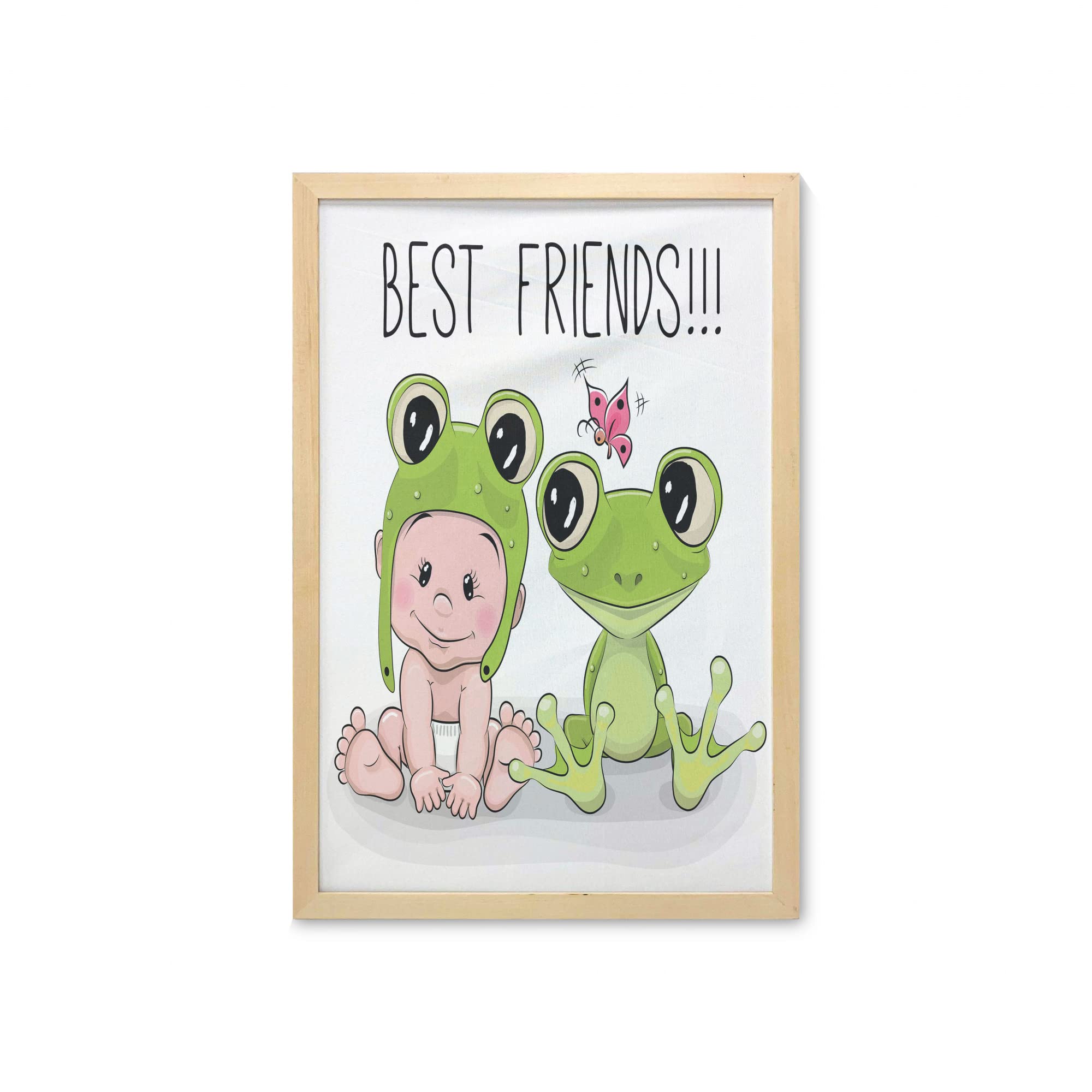 Ambesonne Frog Wall Art - Framed Animal Print Poster with Froggy Hat & Best Friends Theme, 23x35 Inch Green Cream White Fabric Decor for Bathroom, Living Room, Dorm - Perfect for Nature Lovers & Kids' Room Decor
